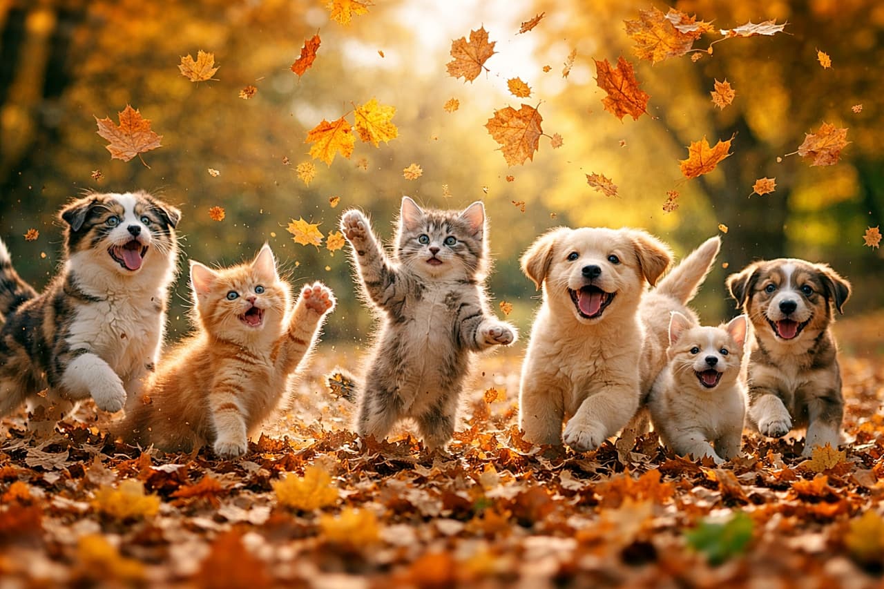 「落ち葉シャワーに大興奮!秋色きらめくわんにゃん大はしゃぎタイム🍁✨」A group of playful kittens and puppies joyfully jumping and pouncing on dry autumn leaves, tossing golden leaves into the air under warm sunset light, realistic photo, horizontal composition. 子猫と子犬のグループが、黄金色の夕暮れの光の中で乾いた秋の落ち葉に飛びつき、葉っぱを舞い上げながら楽しそうに遊んでいる様子のリアルな横長写真