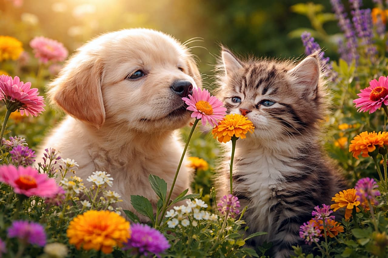 「並んでくんくん♪花の香りに夢中なふたりの午後🌸」A golden retriever puppy and a fluffy tabby kitten sitting side by side in a colorful flower garden, each sniffing a different blossom in warm sunlight, horizontal composition. 色とりどりの花が咲く庭で、ゴールデンレトリバーの子犬とふわふわのキジトラ子猫が並んで座り、それぞれ別の花の香りをかぐ様子。暖かな陽光に包まれた横長構図