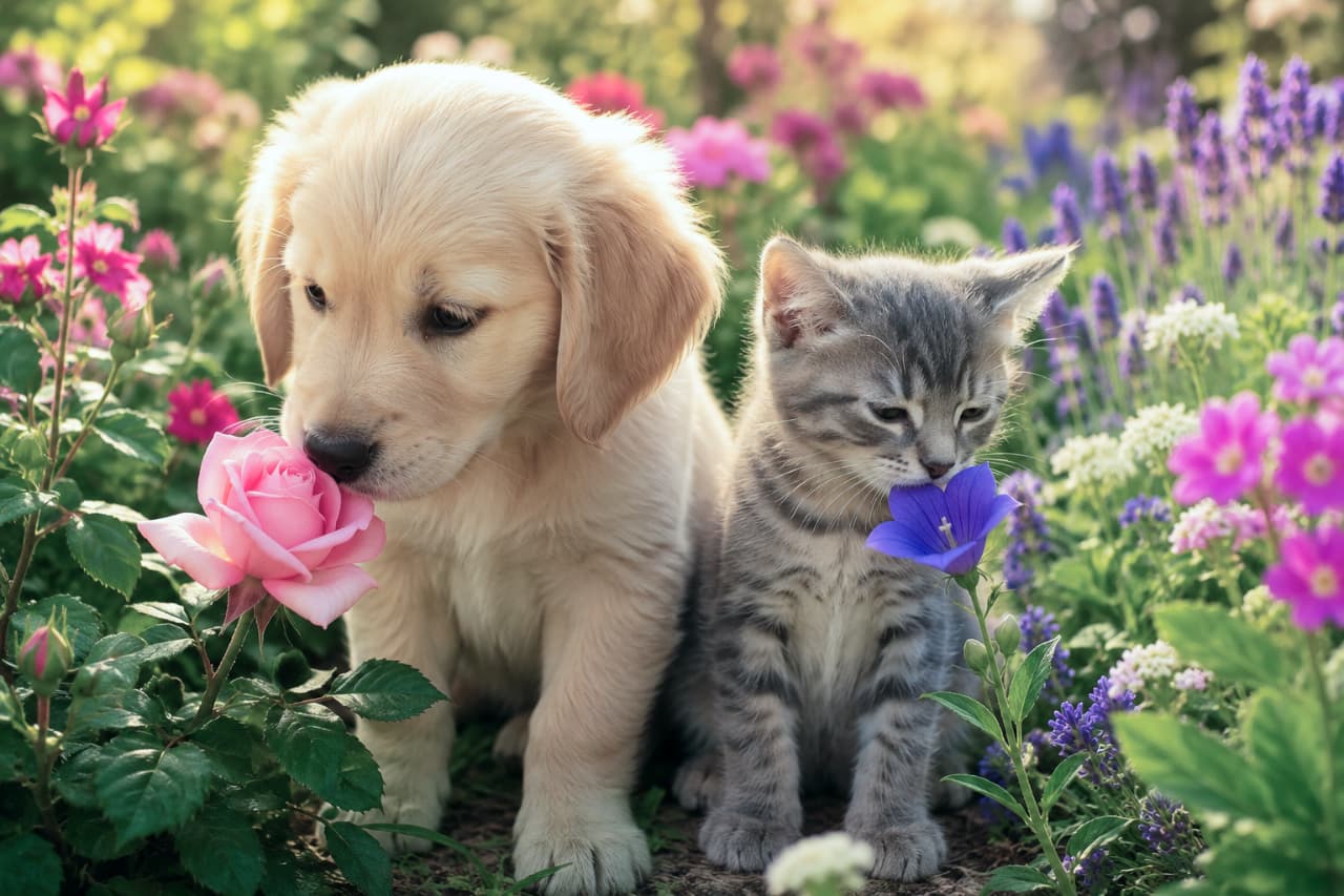 「お花、とってもいい匂いがするにゃ🌷🐶🐱 春の陽だまりで仲良くお花をクンクンする姿に癒やされます✨ #猫好きさんと繋がりたい」Ultra-realistic high-quality photograph of a silver tabby kitten delicately smelling a purple flower, accompanied by a golden retriever puppy smelling a pink rose in a sunlit spring garden during golden hour. 黄金色の夕日に照らされた春の花畑で、シルバータビー(銀キジ)の子猫が目を伏せて紫色の桔梗のような花の香りを嗅いでいる様子。隣にはピンクのバラに鼻を近づけるゴールデンレトリバーの子犬が寄り添い、ふかふかの被毛の質感と穏やかな表情が詳細に捉えられた高画質な写真