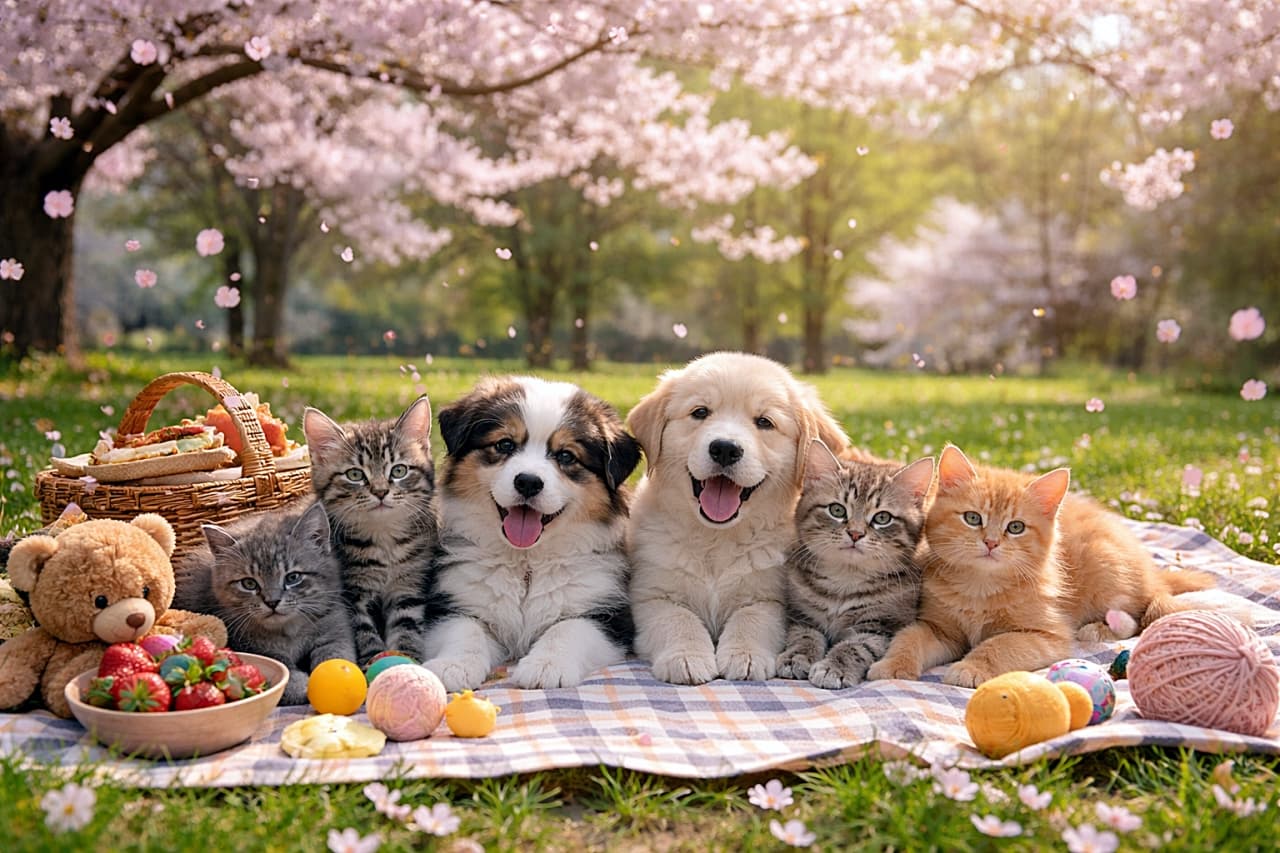 「桜の下でぎゅっと集合!春色もふもふピクニック🌸」Six adorable kittens and puppies lying together on a picnic blanket under a blooming cherry tree, pink petals gently falling around them, with toys and snacks in a sunny spring park, horizontal realistic photo. 満開の桜の木の下、ピクニックブランケットの上で子猫と子犬たちが仲良く並んで寝そべり、花びらが舞い落ちる春の公園の横長リアル写真