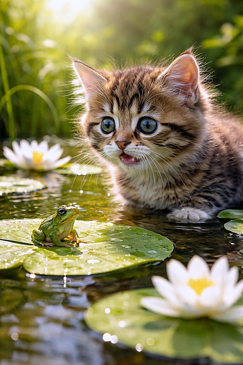 「えっ君だれ!?池の上で運命の初対面🐸🐱」A surprised tabby kitten staring wide-eyed at a tiny green frog sitting on a lily pad in a sunlit pond, surrounded by lush summer greenery and blooming white water lilies, realistic photo. 夏の緑豊かな池で、スイレンの葉の上にいる小さなカエルを、目を丸くして見つめる驚いた子猫のリアル写真