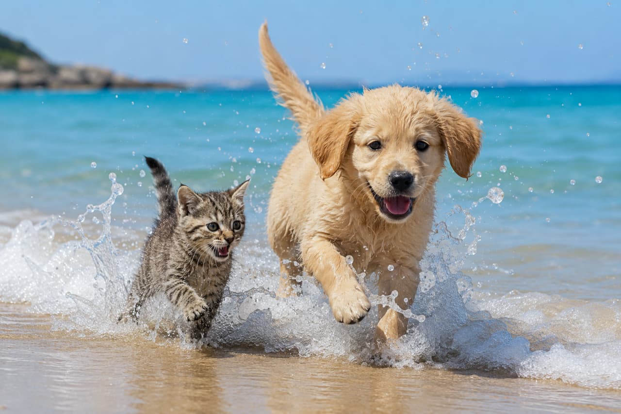 「海だー!波しぶきをあげて全力疾走する2匹🐾爽快感MAXのウルトラキュートなビーチラン、スタートですっ🌊元気チャージしてね✨」An ultra-realistic high-quality photograph of a brown tabby kitten and a fluffy golden retriever puppy running energetically through splashing white waves on a sunlit sandy beach with beautiful turquoise sea water in the background. 美しいエメラルドグリーンの海と白い波しぶきが上がる砂浜を、並んで元気に走るキジトラの子猫とゴールデンレトリバーの子犬の超高画質写真。子猫は楽しそうに口を開けて鳴き、子犬は満面の笑みで、水しぶきをキラキラと輝かせながら躍動しています