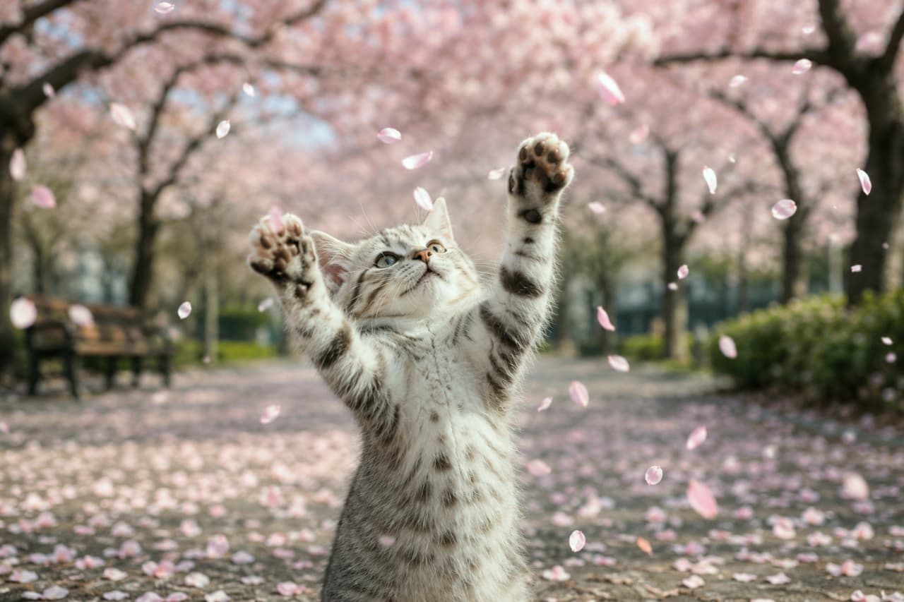 「はなびら、つかまえるにゃー!🌸満開の桜の中で全力ジャンプする子猫ちゃん🐾ピンクの世界で無邪気に遊ぶ姿が最高にかわいい🐈✨」An ultra-realistic high-quality photograph of a tabby kitten standing on its hind legs with both paws raised high to catch falling pink cherry blossom petals in a beautiful park with blooming sakura trees and a flower-covered path. 満開のピンクの桜の木々と、地面に敷き詰められた花びらの絨毯の散歩道で、後ろ足で立ち上がり、両前足を大きく広げて舞い散る桜の花びらを捕まえようと見上げるキジトラ子猫の超高画質写真。肉球が見える愛らしいポーズと、美しい春の木漏れ日が幻想的です