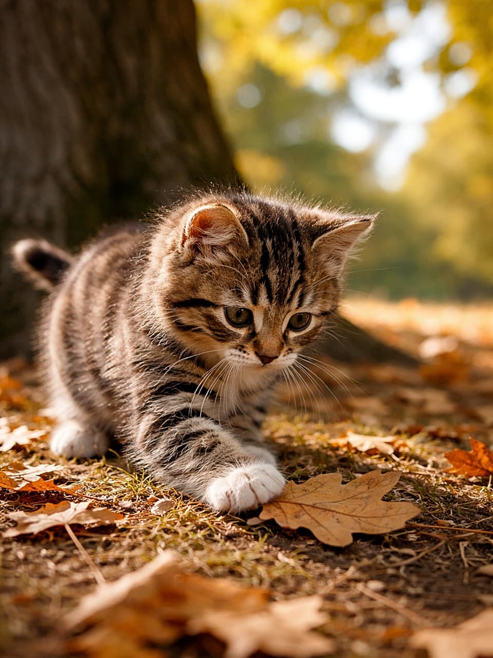 「木漏れ日の下で落ち葉に夢中♪秋の小さな冒険家💖」A tabby kitten pawing at a dry leaf under a tree, with dappled sunlight on the ground in an autumn setting, realistic photo. 秋の木の下で、まだら模様の子猫が落ち葉に前足を伸ばして遊んでいる様子。木漏れ日が地面に差し込むリアルな写真