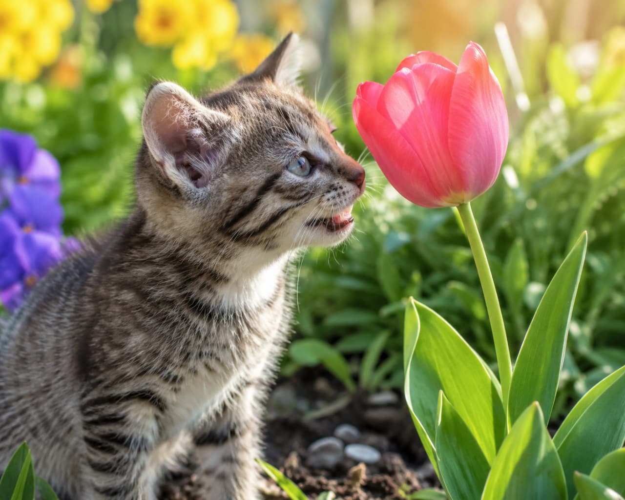 「お花のいい匂いがするニャ?ピンクのチューリップとおしゃべり中の子猫ちゃんにキュン死確定…!🌷🐾」An ultra-realistic high-quality photograph of a small tabby kitten interacting with a beautiful pink tulip in a spring garden. The kitten has its mouth slightly open, surrounded by blurred yellow and purple flowers under a soft, golden sunlight. 春の庭園で、鮮やかに咲き誇る大ぶりなピンクのチューリップに顔を近づけ、匂いを嗅ぐように口を小さく開けるキジトラ子猫のクローズアップ。背景には黄色や紫の花々が美しくぼやけており、暖かな光が子猫の繊細なヒゲや柔らかな毛並みをキラキラと輝かせています