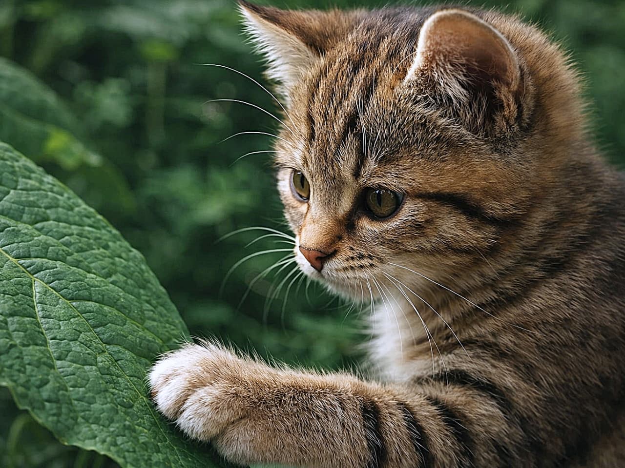 「「葉っぱとこんにちは」そっと葉っぱにタッチ。小さな探検家の静かな瞬間🌿🐾」A close-up of a young tabby kitten gently touching a large green leaf with its white paw, surrounded by softly blurred foliage in natural light. 自然光の中、庭で、好奇心旺盛なキジトラの子猫が大きな緑の葉っぱにそっと前足で触れている。柔らかい肉球と、葉のざらざらした表面との触れ合いをクローズアップ。背景はやわらかくぼけた緑の植物