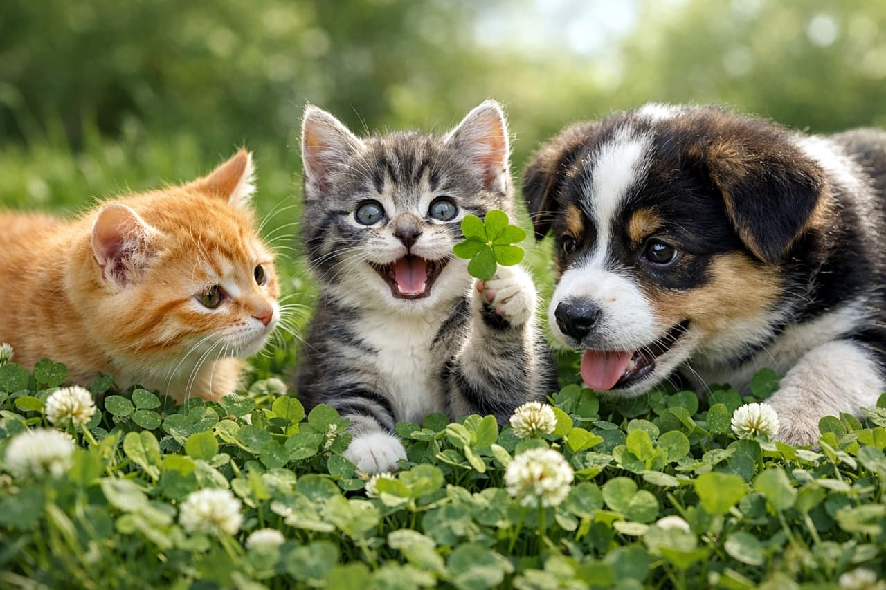 「四つ葉みつけたよ!幸せを呼ぶクローバー探し隊、今日も全力で大はしゃぎ」Two kittens and a playful puppy searching through a clover patch on a sunny afternoon, one kitten proudly holding a four-leaf clover, joyful expressions, realistic horizontal photo. 晴れた午後のクローバー畑で遊ぶ子猫2匹と子犬。1匹の子猫が四つ葉のクローバーを見つけて嬉しそうに掲げている横長のリアル写真