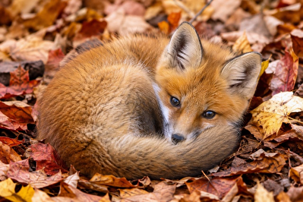 「落ち葉の絨毯にすっぽり収まる秋の妖精さん🦊🍁もふもふのしっぽとお耳がたまらなく可愛いですね🍂✨」Ultra-realistic high-quality photograph of a baby fox curled up on vibrant autumn leaves. Its fluffy light brown fur, large ears, and direct gaze over its bushy tail are captured vividly amidst the rich red and yellow fall colors. 赤や黄色に色づいた秋の落ち葉の上に丸くうずくまる子ギツネ。ふわふわとした明るい茶色の被毛、特徴的な大きな耳、そして顔を尻尾にうずめながらもこちらを見つめる真っ直ぐな瞳が、秋の深まりを感じさせる色彩の中で鮮明に捉えられています