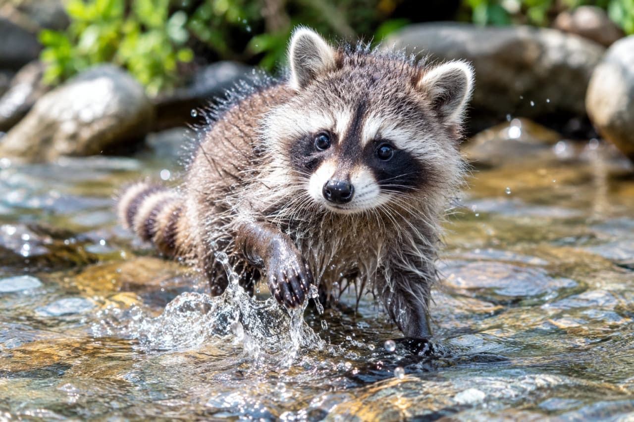「水遊びに夢中な元気いっぱいのアライグマさん🦝💧キラキラの水しぶきと真剣なお顔からパワーをもらえますね🌿✨」Ultra-realistic high-quality photograph of a baby raccoon splashing energetically in a shallow river. Its distinctive black face mask, wet clumpy fur, and glittering water droplets are dynamically captured under bright sunlight against a natural green background. 浅い川の中で前足をつき、元気よく水しぶきを上げている子どものアライグマ。目の周りの黒いマスク模様、濡れて束になった被毛、きらきらと光る水滴が、明るい日差しと背景の緑豊かな自然の中で躍動感たっぷりに描写されています