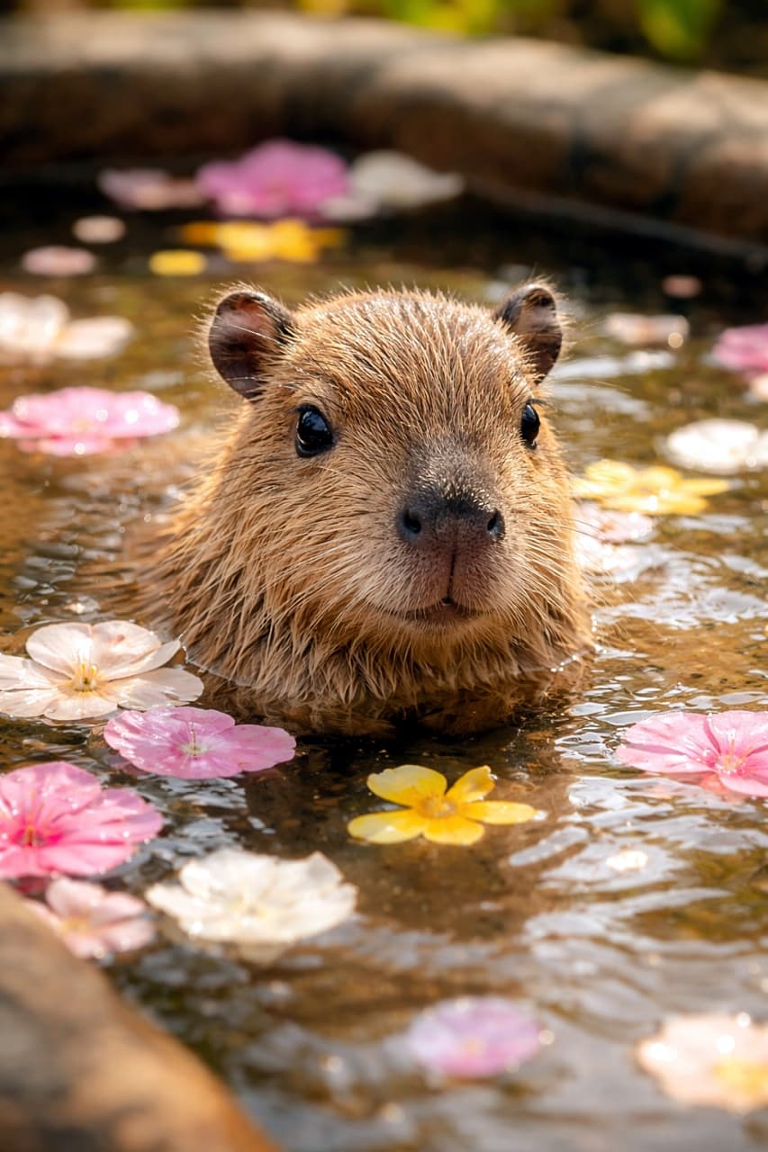 「花びら風呂でうっとり♨️赤ちゃんカピバラの極上リラックスタイム」A baby capybara relaxing in a shallow warm pool surrounded by floating pink, white, and yellow flower petals, ultra-realistic high-resolution photo. ピンクや白、黄色の花びらが浮かぶ浅い温かなプールで、気持ちよさそうにくつろぐ赤ちゃんカピバラの超高解像度リアル写真
