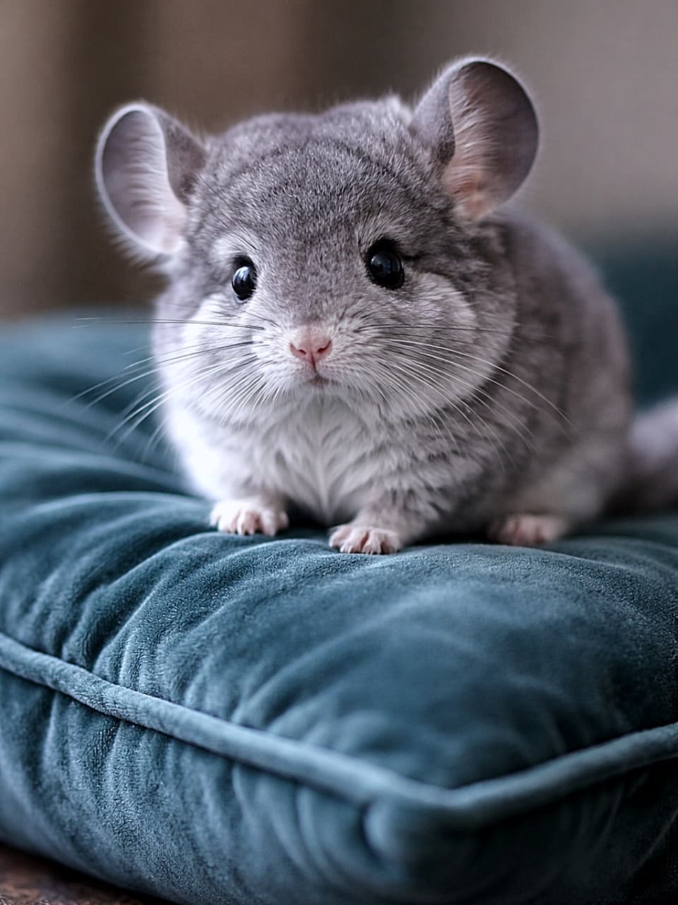 「ふわもこ感がたまらない赤ちゃんチンチラ。ベルベットのクッションの上でちょこんと座り、きらきらした瞳でこちらをじっと見つめる姿に思わずほっこり。かわいさ満点の一枚です」A baby chinchilla with plush gray fur sitting on a soft velvet cushion, looking curiously at the camera in an ultra-realistic high-resolution photo. ふわふわのグレーの毛並みをした赤ちゃんチンチラが、柔らかなベルベットのクッションの上でカメラを興味深そうに見つめている超高精細な写真