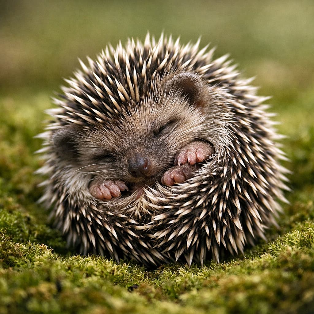 「苔のベッドでくるんと夢の中。小さな命のぬくもりにほっこり癒やされる一枚🦔✨」Ultra-realistic close-up photograph of a baby hedgehog curled into a tiny ball on a soft green moss bed, with delicate whiskers and a small pink nose visible in natural light. 柔らかな緑の苔の上で小さく丸まって眠る赤ちゃんハリネズミの超高精細写真。繊細なひげと小さなピンク色の鼻が自然光に照らされている
