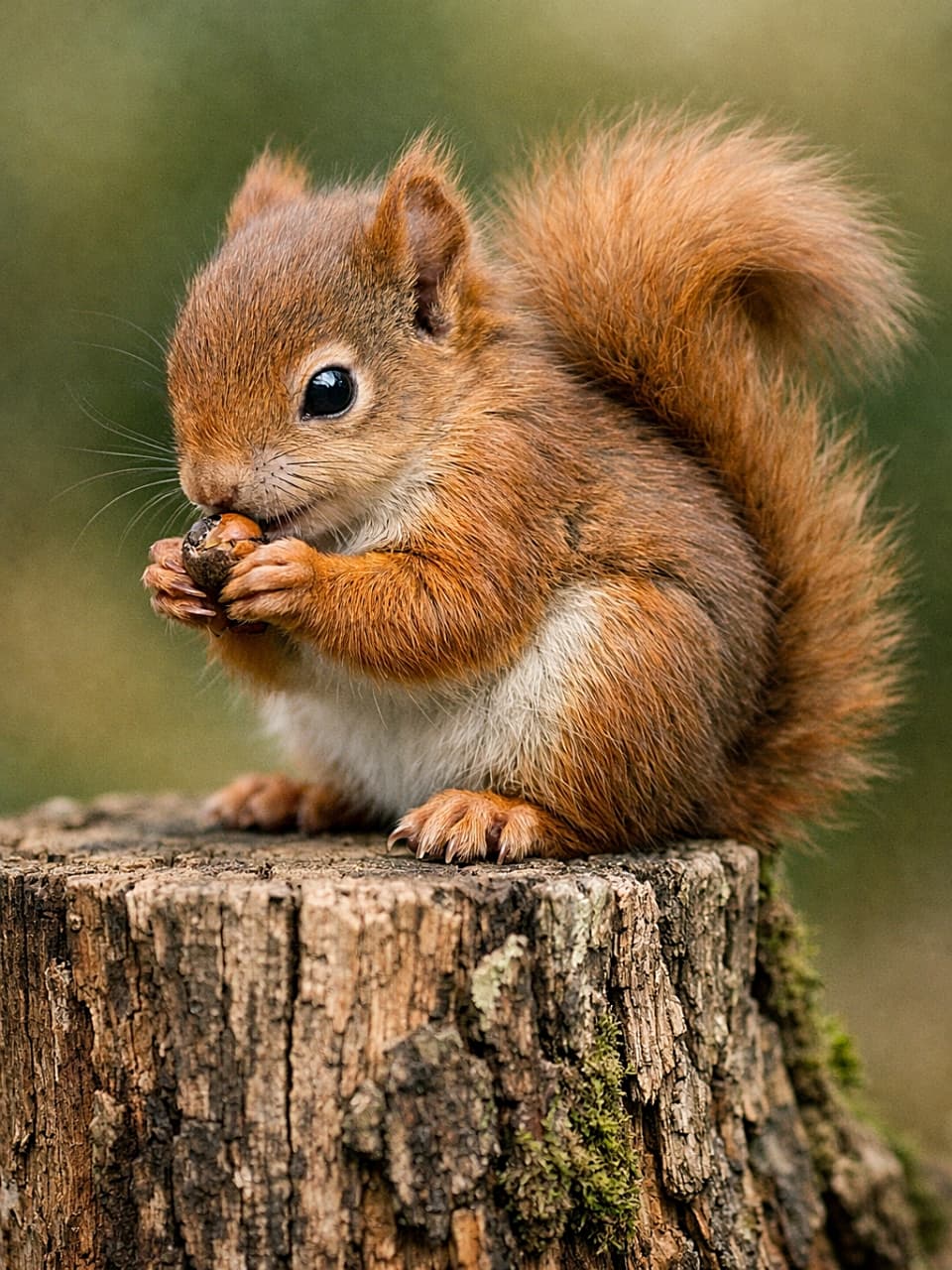 「ふわふわしっぽ全開!どんぐりを大事にかじる小さな森のアイドル🐿️✨」A baby red squirrel perched on a tree stump, holding and nibbling a tiny acorn with its small paws, fluffy tail curled behind, ultra-realistic high-resolution photo. 切り株の上にとまり、小さなどんぐりを両手で持ってかじる赤ちゃんリス。ふわふわのしっぽを後ろに丸めた超高解像度のリアル写真