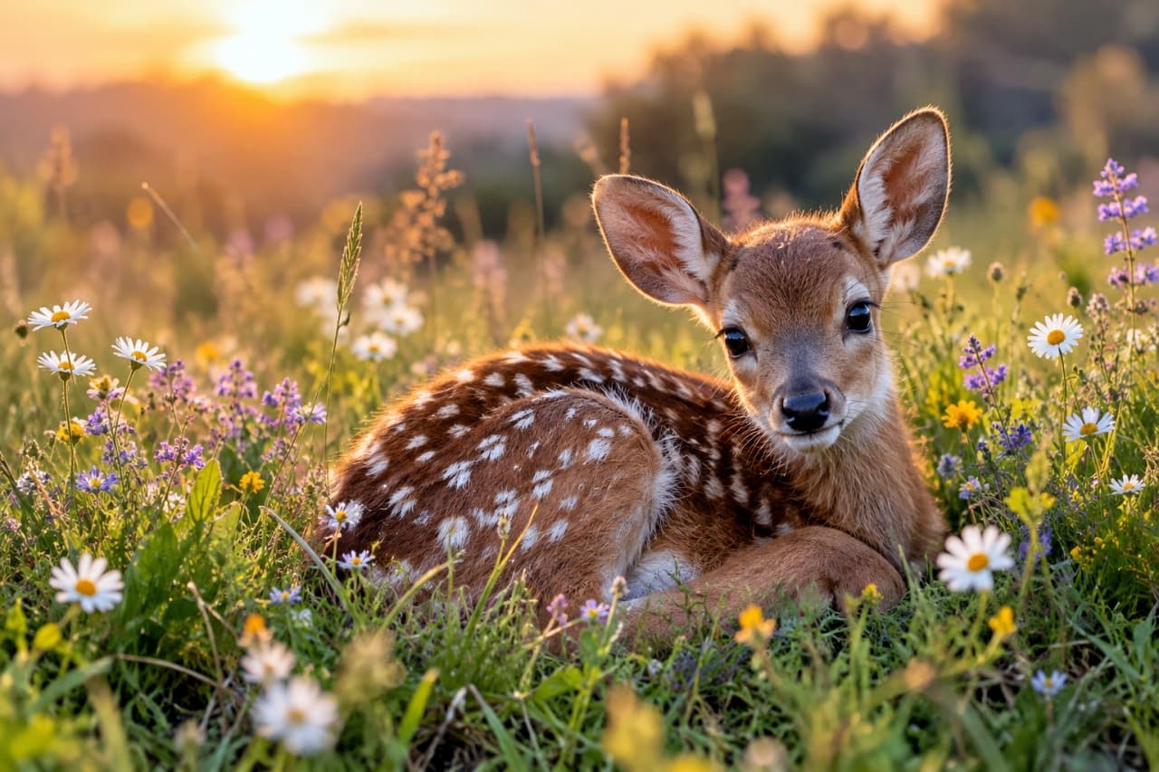 「お花畑で見つけた森の天使に癒やされる🦌🌼夕暮れの優しい光に包まれて、今日一日の疲れも吹き飛びますね✨」Ultra-realistic high-quality photograph of a fawn resting in a field of wildflowers at sunset. Its white-spotted brown coat, large ears, and clear black eyes are magically illuminated by golden light and surrounded by white and purple blooms. 夕日が沈む野花畑の中で、穏やかに座ってこちらを見つめる子鹿。茶色い被毛にある白い斑点模様、大きな耳、澄んだ黒い瞳が、周囲に咲く白や紫のデイジーのような花々と黄金色の光に包まれて幻想的に描写されています