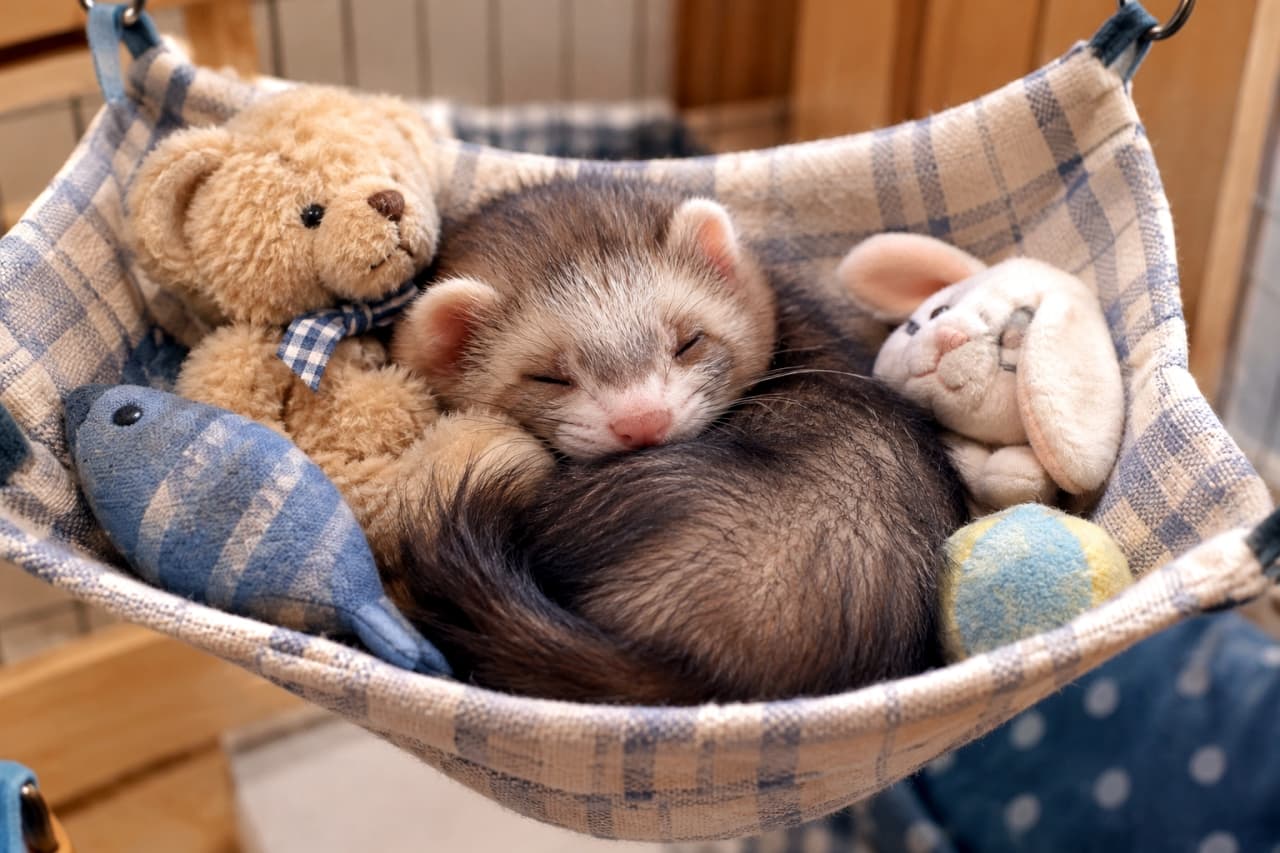 「大好きなお友達と一緒に夢の中へ💤🧸無防備な寝顔と丸まったフォルムが愛おしくて、ずっと見守っていたくなりますね🛌✨」Ultra-realistic high-quality photograph of a ferret with sable brown and white fur sleeping deeply in a plaid hammock. Curled up and surrounded by stuffed toys, including a bear and a blue fish on the left and a bunny on the right, it looks incredibly peaceful. チェック柄のハンモックの中で、お気に入りのぬいぐるみに囲まれて丸まって眠る1匹のフェレット。茶色と白のセーブルカラーの毛並みが美しく、左にクマと青い魚、右にウサギのぬいぐるみが配置され、安心しきった寝顔を見せています
