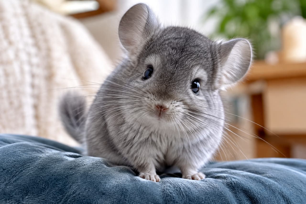 「まん丸おめめとふわふわボディの最強コンビ🐭✨こんなに見つめられたら、その可愛さの虜になっちゃいますね💖🛋️」Ultra-realistic high-quality photograph of a fluffy gray chinchilla sitting gracefully on a blue velvet cushion. Its large upright ears, round black eyes, and incredibly dense, soft fur are captured perfectly in gentle indoor lighting. 室内でブルーのベルベット調クッションの上にちょこんと座る1匹のグレーのチンチラ。ピンと立った大きな耳、丸くて黒い瞳、そして細かく密集した美しい被毛の質感が、柔らかな自然光の中で極めてリアルに描写されています