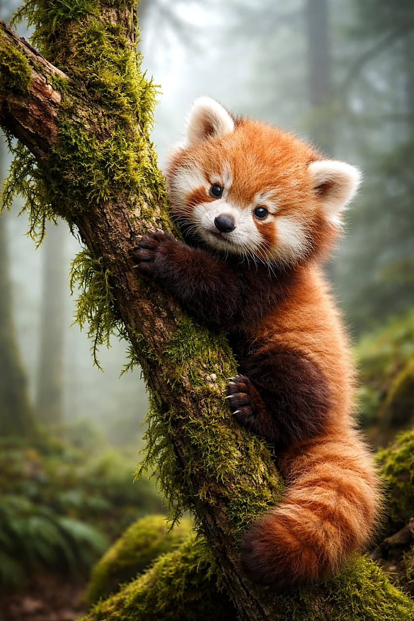 「ふわふわレッサーパンダの赤ちゃん、森の中で枝にしがみついてキョトン顔♪」A fluffy red panda cub clinging to a moss-covered tree branch in a misty forest, looking curiously at the camera. 霧に包まれた森で、苔むした木の枝にしがみつくふわふわのレッサーパンダの赤ちゃん。好奇心いっぱいの目でこちらを見ている