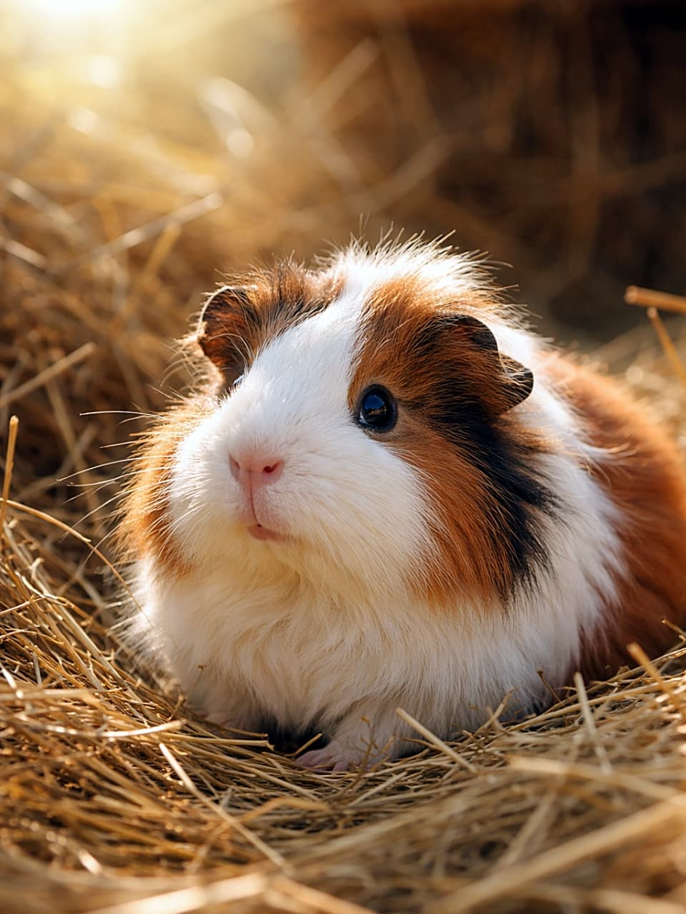 「ふわもこ三毛モル、陽だまりの干し草でほっこり癒やし時間♪」A fluffy tri-color guinea pig resting comfortably in golden hay, illuminated by soft warm sunlight, ultra-realistic high-resolution photo. やわらかな陽光が差し込む黄金色の干し草の中で、くつろぐ三毛カラーのモルモットの超高精細写真