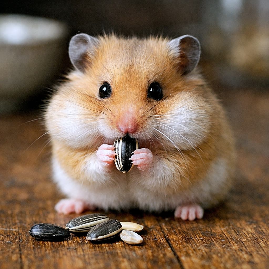 「ほっぺぱんぱん!種をぎゅっと握って夢中でカリカリ中の小さな食いしん坊🐹🌻」A tiny golden hamster holding and nibbling a sunflower seed with its cheeks puffed out, sitting on a wooden table in an ultra-realistic, high-resolution photo. 木製テーブルの上でひまわりの種を両手で持ち、頬をふくらませながらかじる小さなゴールデンハムスターの超高精細写真