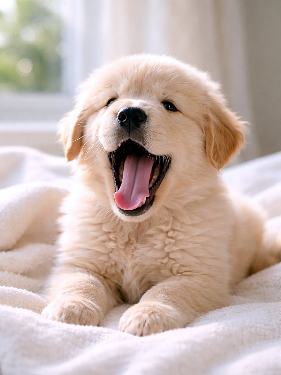 「朝いちばんの大あくび!ふわふわ子犬の癒やしタイムがはじまるよ🐶✨」A fluffy Golden Retriever puppy yawning widely on a plush white blanket in soft morning light, ultra-realistic high-resolution photograph. 柔らかな朝の光に包まれた白いブランケットの上で、大きなあくびをするふわふわのゴールデンレトリバーの子犬の超高解像度リアル写真