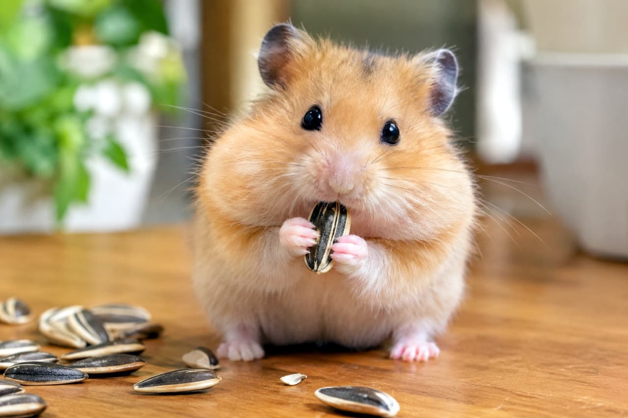 「欲張りすぎてもうほっぺが限界突破中🐹💥一生懸命な姿に思わず笑顔になっちゃう！今日も一日頑張れそう🌻✨」Ultra-realistic high-quality photograph of a golden hamster on a wooden table, stuffing its face with sunflower seeds. Its heavily bulging cheeks, glossy fur, round black eyes, and the scattered seeds in the foreground are vividly captured in bright indoor lighting. 木製のテーブルの上で、ひまわりの種を両手で持ちながら頬張るゴールデンハムスター。限界まで膨らんだ頬と、艶やかな被毛、クリクリとした黒目、手前に散らばる沢山の種が、明るい光の中で鮮やかに描写されています