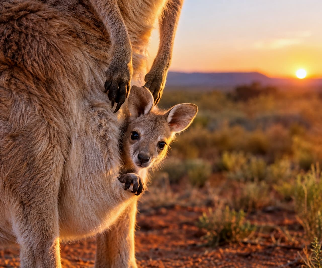 「夕日に染まるカンガルー親子にほっこり🌅🦘お母さんのポケットから覗くお顔が最高に愛らしいですね✨」Ultra-realistic high-quality photograph of a kangaroo joey peeking out from its mother's pouch at sunset. Its large ears, round eyes, and tiny paws are warmly illuminated against an orange-tinted wilderness background. 美しい夕暮れの光を背景に、親カンガルーのお腹の袋から顔を出す小さな子カンガルー。大きな耳とつぶらな瞳、お母さんのお腹に添えられた小さな前足が、オレンジ色に染まる荒野の風景の中で温かく描写されています