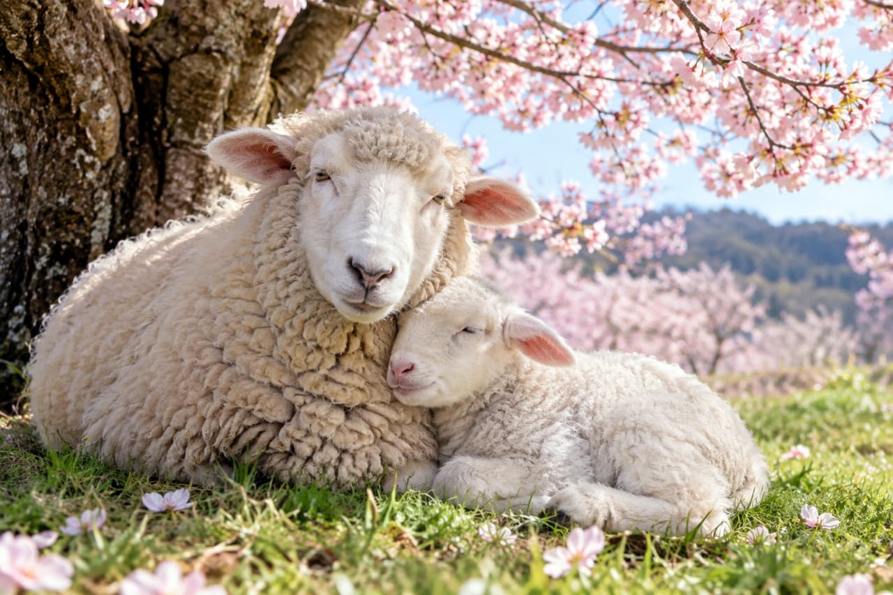 「満開の桜の下でぴったり寄り添う親子に心温まる🌸✨親子の絆の強さが伝わってきて、見ているだけで癒やされますね🐑💖」Ultra-realistic high-quality photograph of a sheep and its lamb sitting on grass under a blooming pink cherry blossom tree. The smaller lamb on the right rests its head affectionately against the larger parent on the left, both featuring thick ivory fleece, with fallen petals scattered around them. 満開のピンクの桜の木の下で、芝生の上に座る2匹の羊の親子。左側に位置するモコモコとしたアイボリーの毛並みを持つ大きな親羊に、右側の少し小柄な子羊がぴったりと寄り添って目を閉じています。足元の緑の草には桜の花びらが散っています