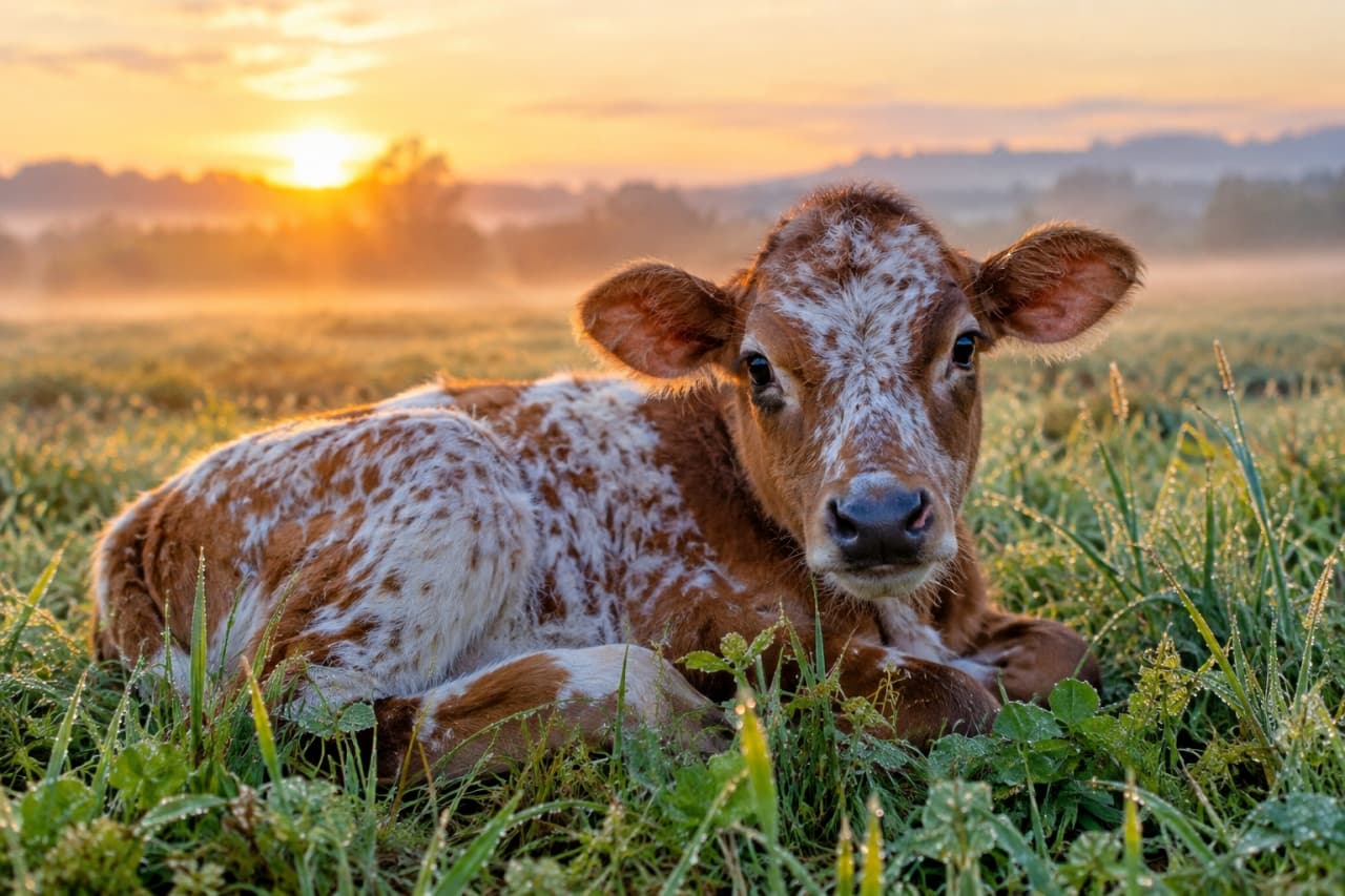 「朝の光に包まれた神聖なひととき🌅🐄輝く朝露と穏やかな表情から、新しい一日を始める希望のパワーを感じますね✨🌿」Ultra-realistic high-quality photograph of a spotted brown and white calf resting in a meadow covered with morning dew. The golden sunrise and soft mist in the background illuminate the calf's soft fuzz and the glistening grass, creating a serene and majestic scene. 美しい朝焼けと霧を背景に、朝露に濡れた緑の草原で休む1匹の子牛。茶色と白の細かな斑点模様が特徴的で、朝日に照らされた耳の産毛や草の露がキラキラと輝き、穏やかで神聖な雰囲気を醸し出しています