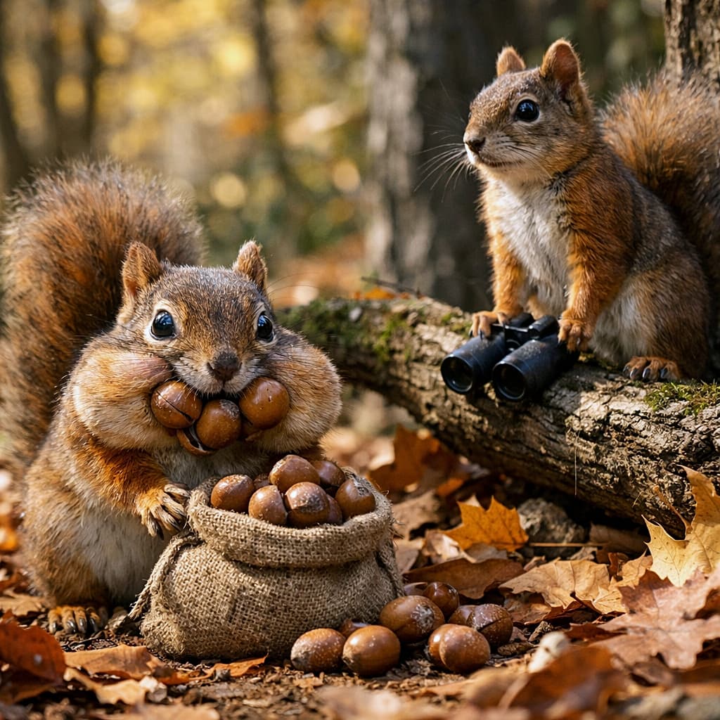 「どんぐり極秘ミッション発動中!?森のスパイ兄弟が可愛すぎる件🐿️🍂」Two fluffy squirrel brothers in an autumn forest during a playful spy-style acorn smuggling mission. One squirrel sits on the ground with cheeks stuffed full of acorns beside a small burlap sack overflowing with nuts, while the other stands alert on a fallen tree branch holding binoculars. Warm sunlight filters through colorful fall leaves, creating a photorealistic woodland scene with humorous spy-movie charm. 秋の森でスパイ風のどんぐり密輸作戦をしている2匹のリス兄弟。1匹は頬いっぱいにどんぐりを詰め、小さな麻袋からあふれる実の横に座っている。もう1匹は倒木の上で双眼鏡を持ち、周囲を警戒している。木漏れ日が差し込むフォトリアルでユーモラスな森のシーン