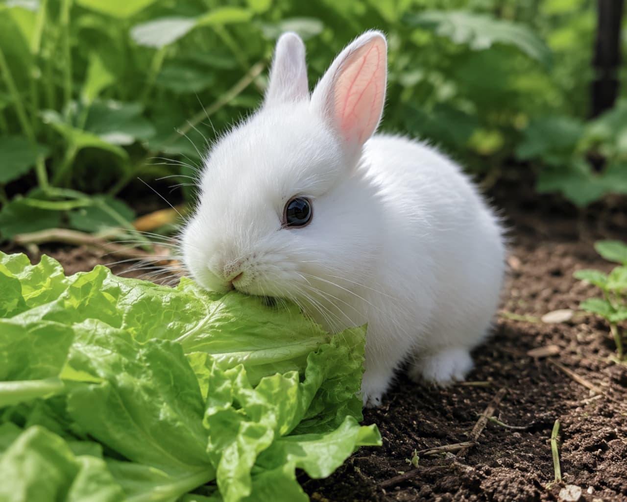「モグモグタイム突入!お口いっぱいにレタスを頬張る真っ白うさぎちゃん、可愛すぎて息が止まりそう…🐰」Ultra-realistic high-quality photograph of a fluffy white baby rabbit nibbling on a crisp, vibrant green lettuce leaf, showcasing the translucent pink ears, dark glossy eyes, and a soft-focus background of a sunlit garden. ふかふかとした純白の被毛に包まれた小さな子ウサギが、瑞々しい緑色のレタスの葉を一生懸命に齧っている超高画質クローズアップ写真。ピンク色に透き通る大きな耳、黒く輝く瞳、細かな髭がリアルに描写され、背景には柔らかな陽光が注ぐ土と緑の菜園が広がる情景
