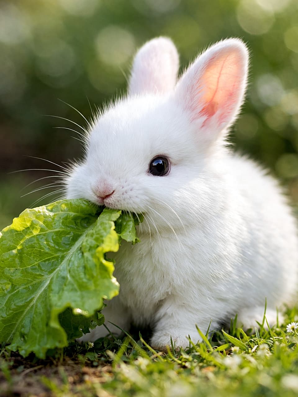 「おひさまの下でシャキッ♪夢中でレタスをほおばる白うさぎのごちそうタイム🐰✨」A white baby rabbit with pink ears nibbling a fresh green lettuce leaf in a sunlit garden, ultra-realistic high-resolution photo. 陽の光が差し込む庭で、新鮮な緑のレタスをかじるピンク色の耳をした白い赤ちゃんウサギの高解像度リアル写真