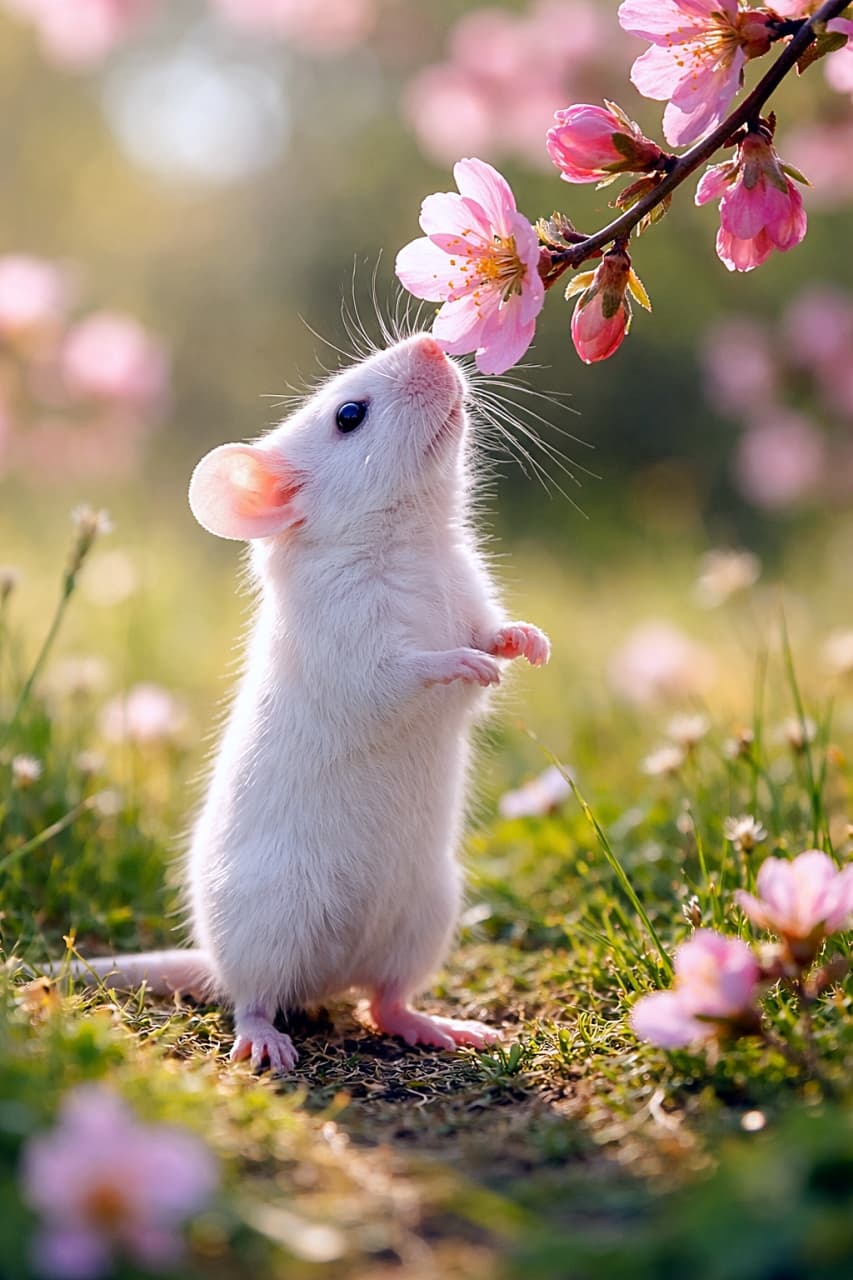 「春の香りにうっとり♡小さな白ネズミのしあわせなひととき」A tiny white mouse standing on its hind legs, gently sniffing a soft pink blossom in a sun-dappled meadow, ultra-realistic, high-resolution photo. 木漏れ日の草原で後ろ足で立ち、淡いピンクの花の香りをそっとかぐ小さな白いネズミの超高解像度リアル写真
