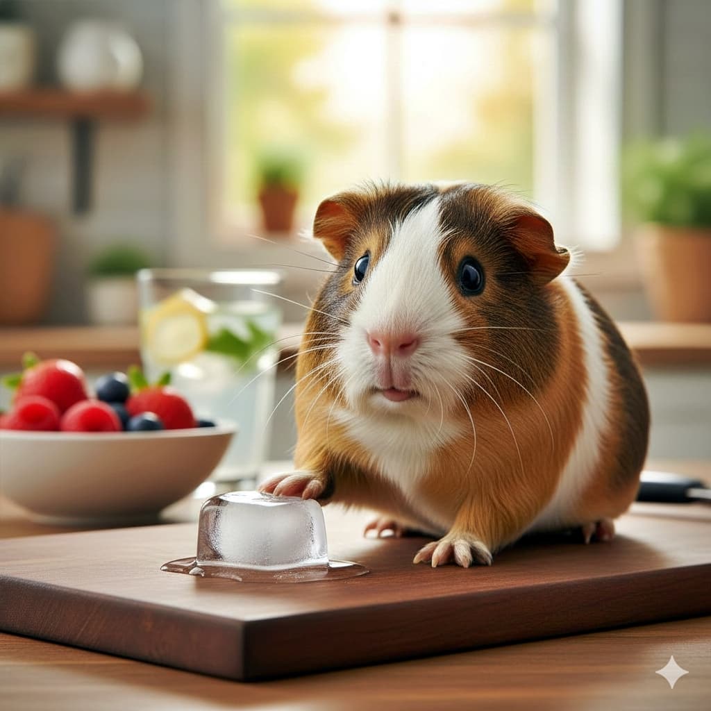 A brown, white, and black guinea pig stands on a wooden surface beside a melting ice cube, looking directly at the camera with a curious, slightly startled expression; in the bright, sunlit kitchen background are a bowl of fresh raspberries and blueberries, a glass of water with lemon slices and mint, and potted plants near a window. 茶・白・黒の毛並みのモルモットが、木の台の上で溶けかけた氷の横に立ち、カメラをまっすぐ見つめてやや驚いた好奇心の表情をしている。明るい自然光のキッチン背景には、ラズベリーとブルーベリーの入ったボウル、レモンとミントの入った水のグラス、窓際の観葉植物が見える