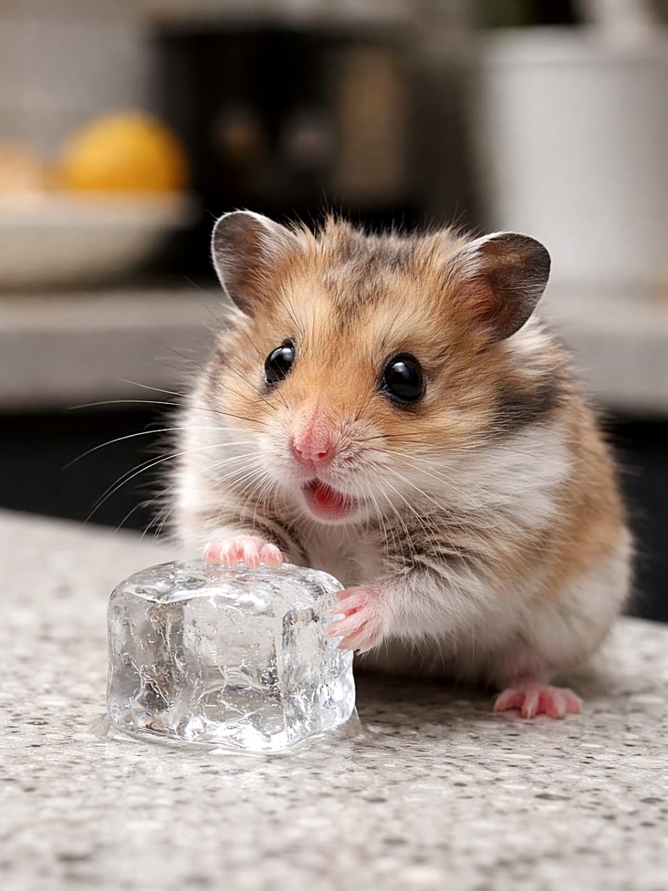 「「なにこれ冷たい!?」初めて氷に触れた瞬間、びっくりして思わずのけぞるハムスター。小さなおててと大きな瞳のリアクションが可愛すぎる一枚❄️🐹」A photorealistic hamster touching an ice cube on a kitchen counter for the first time, recoiling slightly with wide, surprised eyes. キッチンカウンターの上で初めて氷に触れ、冷たさに少し身を引きながら目を丸くするハムスターのフォトリアルな写真