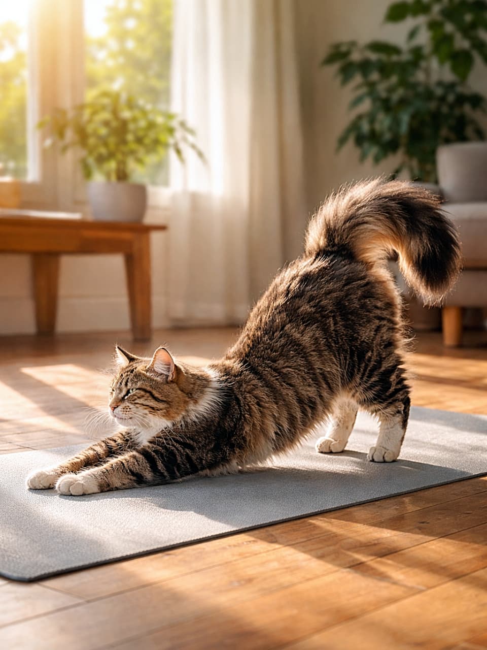 「朝のヨガタイムに猫も参加!?完璧すぎるダウンドッグで、今日もゆるっと健康習慣🐾🧘♂️」Photorealistic cat perfectly mirroring a downward dog yoga pose on a wooden floor, stretching on a mat in warm morning sunlight streaming through a bright living room. 朝日が差し込むリビングの木の床で、ヨガマットの上に立ち、人間のダウンドッグのポーズをそっくり真似してストレッチする猫のフォトリアル画像