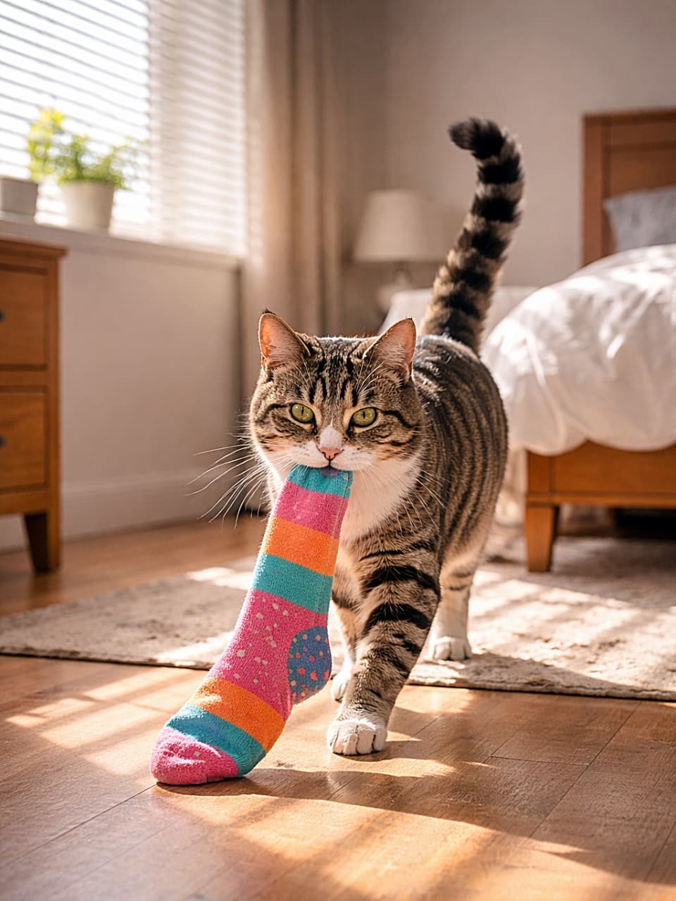 「「戦利品みーつけた!」と言わんばかりに靴下をずるずる運ぶ猫さん。朝日いっぱいの部屋で、今日も小さな大冒険が始まります🐾」A photorealistic image of a tabby cat dragging a colorful mismatched sock across a sunlit bedroom floor, tail raised high as warm sunlight streams through window blinds. 朝日がブラインド越しに差し込む寝室の床で、しっぽを高く上げながらカラフルな片方だけの靴下をくわえて引きずるキジトラ猫のリアルな写真