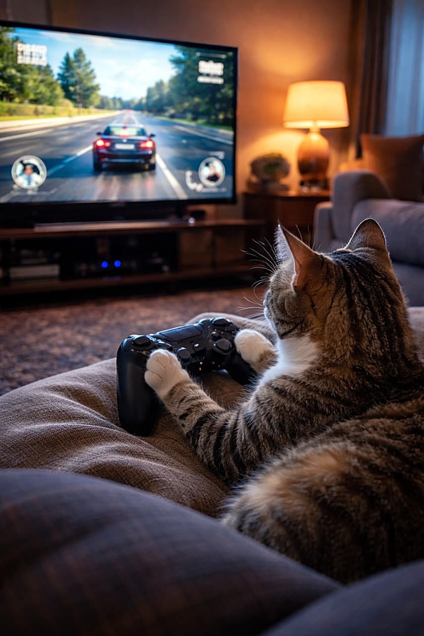 「真剣すぎるゲーマー猫、今まさにレース終盤!コントローラーをしっかり握って、リビングで白熱バトル中!?🐾🎮」A photorealistic image of a tabby cat sitting on a couch and gripping a game controller with its paws, intensely watching a TV screen displaying a racing game in a softly lit living room. リビングのソファに座ったキジトラ猫が前足でゲームコントローラーを握り、レーシングゲームが映るテレビ画面を真剣に見つめているリアルな写真