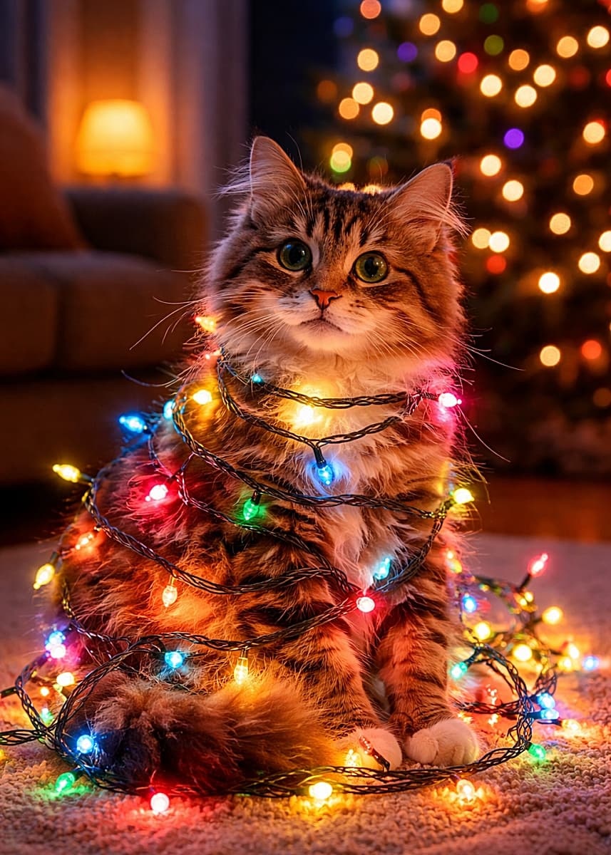 「イルミネーションに巻き込まれた!? キラキラ光る中でキョトン顔の猫さん🐱✨」A photorealistic tabby cat sitting on a cozy living room rug at night, curiously blinking while tangled in colorful fairy lights, with a warm glowing Christmas tree softly blurred in the background. 夜のリビングでカラフルなフェアリーライトにぐるぐる巻きになり、不思議そうに瞬きをするキジトラ猫。背景にはぼんやり光るクリスマスツリー