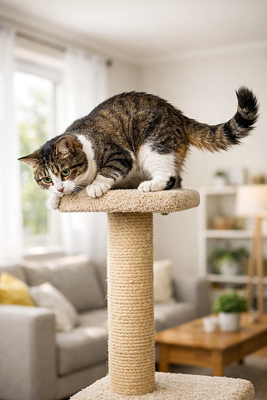 「「だ、大丈夫…?」キャットタワー最上段でゆらゆら。落ちそうで落ちない、猫のドキドキバランス芸! 🐾」A photorealistic image of a cat balancing nervously on the top platform of a tall cat tower, tail swaying as it teeters, in a bright living room with soft natural light. 明るいリビングで、高いキャットタワーの最上段に立ち、尻尾を揺らしながら今にも落ちそうなバランスで踏ん張る猫のフォトリアルな写真