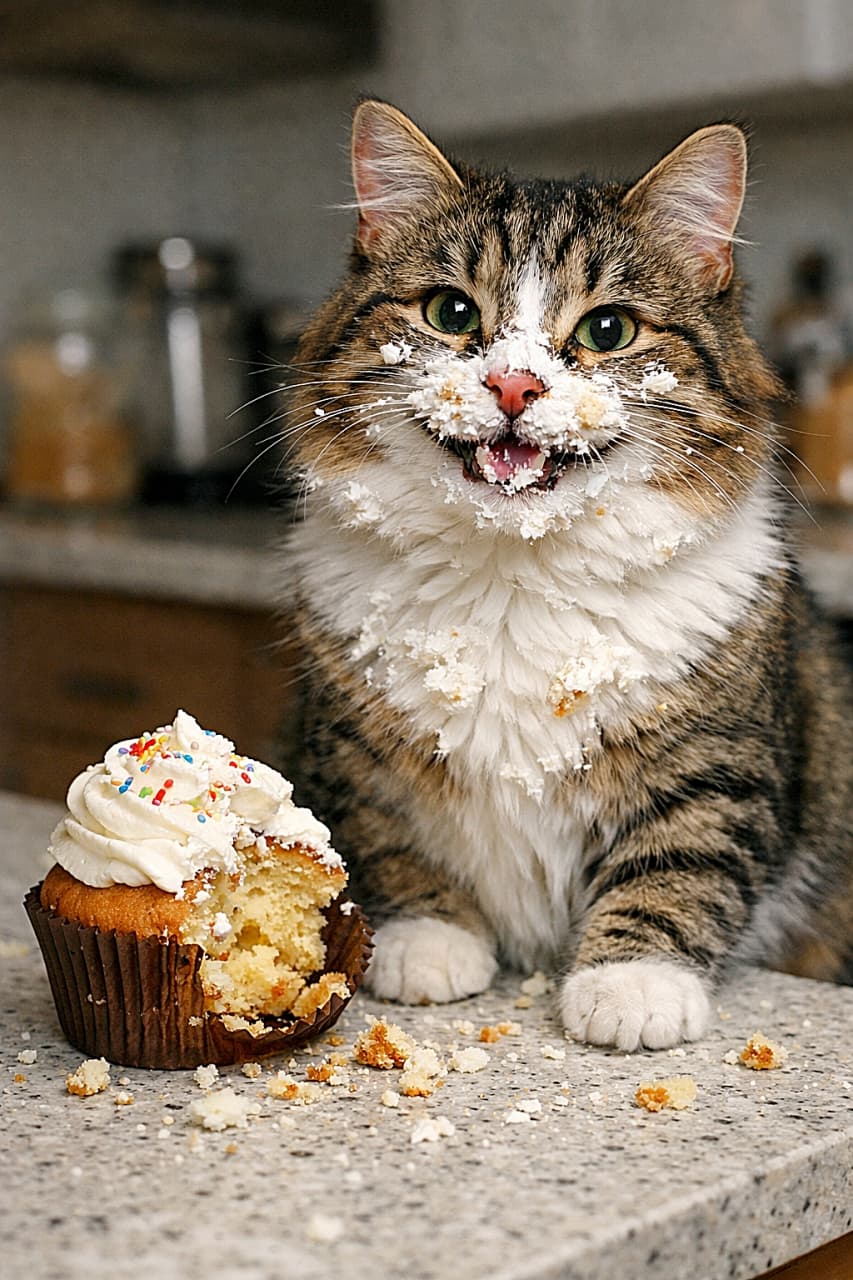 「つまみ食い現場を激写!?口元クリームだらけの猫さん、満足そうで反省ゼロです🐾🧁」A fluffy tabby cat with frosting smeared on its face sits happily on a kitchen counter next to a half-eaten cupcake, with crumbs scattered around. 顔にクリームとケーキのかけらをつけたふわふわのキジ白猫が、キッチンカウンターで半分食べられたカップケーキの横に満足そうに座っている