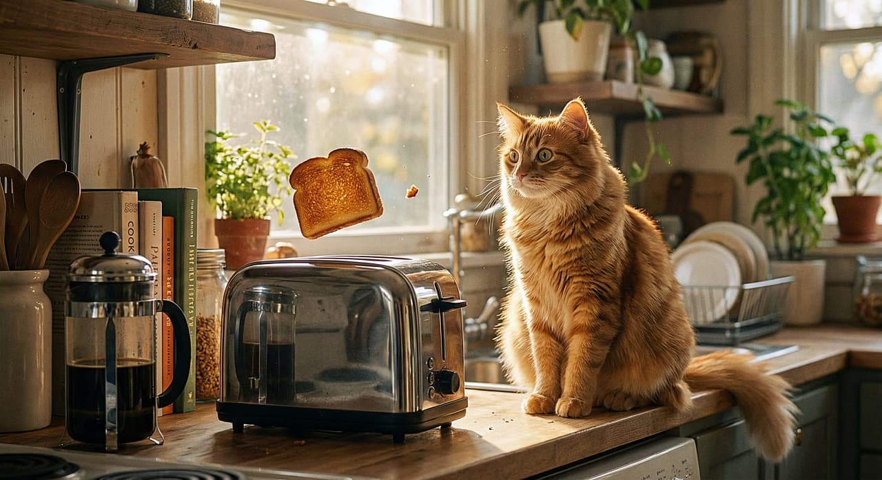 「驚くより観察派!🍞 ポップアップするトーストを、お座りして冷静にガン見する長毛茶トラちゃん☕️」A photorealistic horizontal image of a fluffy orange cat sitting neatly on a wooden kitchen counter, calmly and curiously watching a slice of toast pop up high into the air from a stainless steel toaster. The cat is completely unfazed, gazing intently at the flying bread and crumbs. The beautifully lit morning kitchen setting includes a French press, books, and potted plants in the softly blurred background. 木のキッチンカウンターにきちんとお座りし、ステンレス製のトースターから高く飛び出した食パンを静かに興味深そうに見つめている、ふわふわな茶トラ猫の写実的な横長写真。猫は全く驚くことなく、宙に浮くパンとパンくずをじっと観察している。美しく照らされた朝のキッチンには、フレンチプレスや本、鉢植えの植物が柔らかくぼやけた背景に写っている