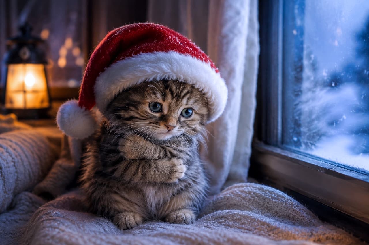 「サンタさん、あたたかいウエットフードがほしいニャ…🥺おねだりポーズに胸キュン不可避!🎄✨ #猫との暮らし」An ultra-realistic high-quality photograph of a fluffy tabby kitten wearing a red Santa hat, sitting by a cold snowy window next to a glowing lantern, holding its paws together adorable. 大きな赤いサンタ帽をかぶり、しんしんと雪が降る青い窓辺で両前脚をギュッと合わせて祈るように佇む、ふわふわとした長毛気味のキジトラ子猫(スコティッシュフォールドやサイベリアン風の愛らしさ)。隣に置かれたランタンの温かいオレンジ色の光が、子猫の愛くるしい丸い瞳と柔らかい被毛を包み込む幻想的な冬の情景