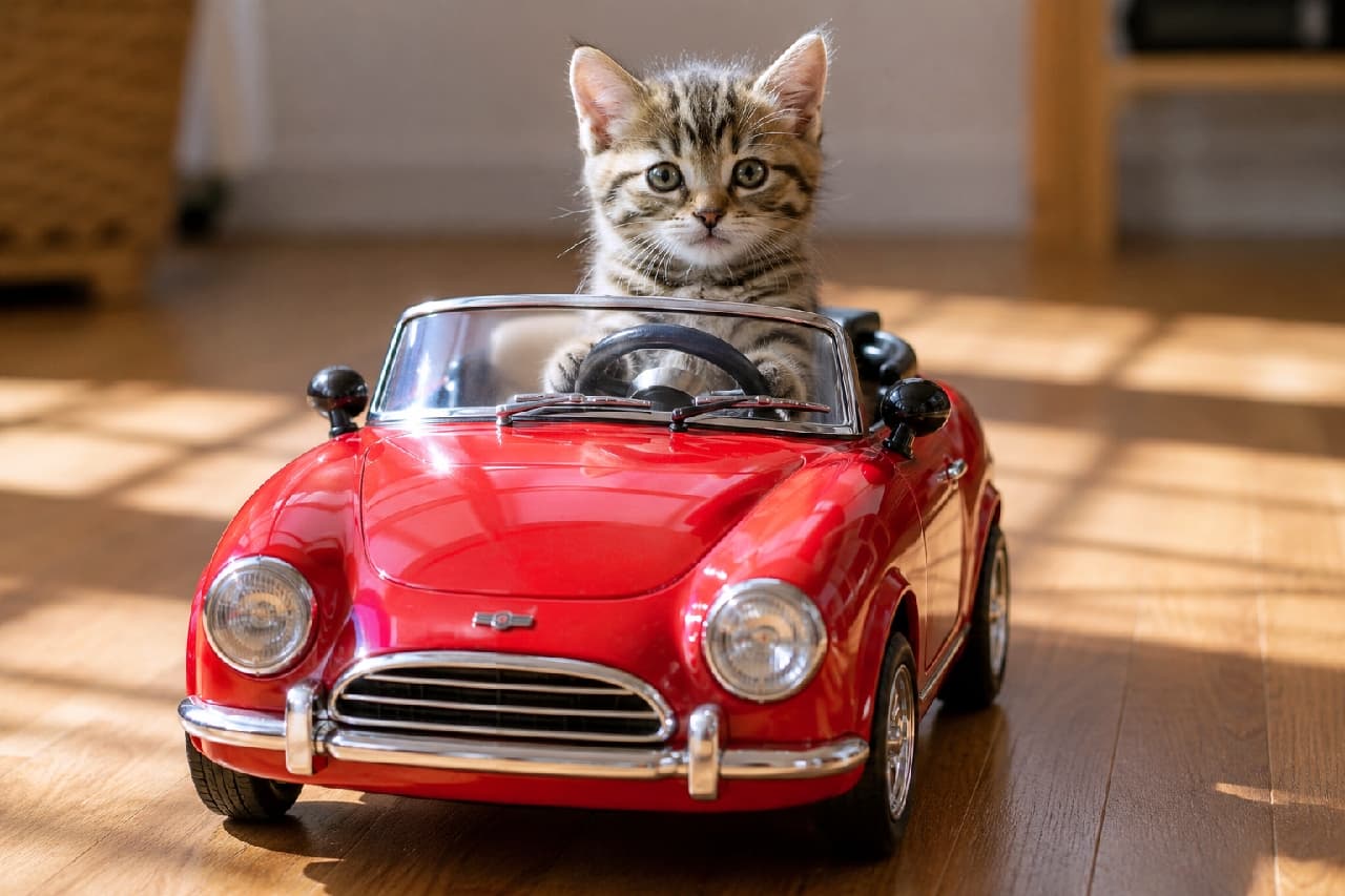 「ぼくの運転に任せてニャ!😼✨ 真剣なお顔で前を見つめる姿が頼もしすぎる🚗💨 #安全運転 #ねこすたぐらむ #猫ドライブ #子猫のいる暮らし」An ultra-realistic high-quality photograph of a cute tabby kitten sitting in a red miniature convertible, firmly holding the steering wheel with both paws and looking straight ahead. The soft sunlight, sharp whiskers, and warmly blurred background perfectly enhance the subject's three-dimensionality. 柔らかな日差しの中、赤いオープンカーのミニチュアに乗り込み、しっかりと両前足を黒いハンドルに置いて正面をキリッと見据えるキジトラ子猫。美しい被毛の縞模様やピンと張ったおヒゲ、丸みを帯びた耳が鮮明に描写され、背景のウッディな家具の美しいボケ感が被写体の立体感を見事に引き立てています