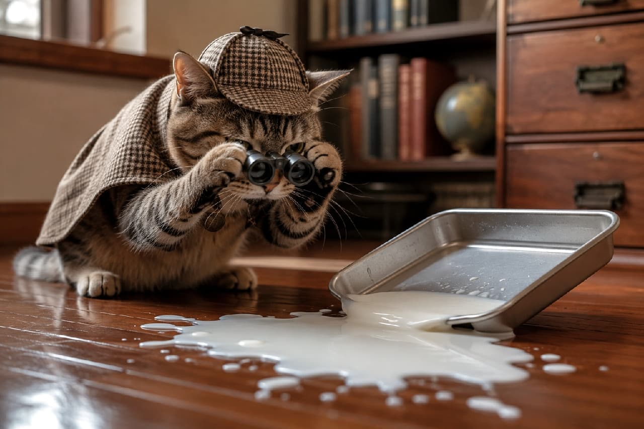 「「ふむ、犯人はこの中にいるニャ…」🕵️♂️🐾 名探偵ねこズの華麗なる推理が今始まる!?🔍✨ #名探偵猫 #事件発生」An ultra-realistic high-quality photograph of a tabby cat dressed as a detective in a deerstalker hat and tweed cape, seriously inspecting spilled milk from a silver tray on a hardwood floor using tiny binoculars, set in a classic study room. 重厚なアンティーク調の書斎で、鹿撃ち帽とツイードのケープを身にまとったキジトラ猫(ブリティッシュショートヘア風)が、小さな双眼鏡を両手で持ち、床にこぼれたミルクと銀色のトレイを真剣な眼差しで調査している風景。光沢のあるフローリングに反射するミルクと、背後の本棚や地球儀が映画のような物語性を生んでいます