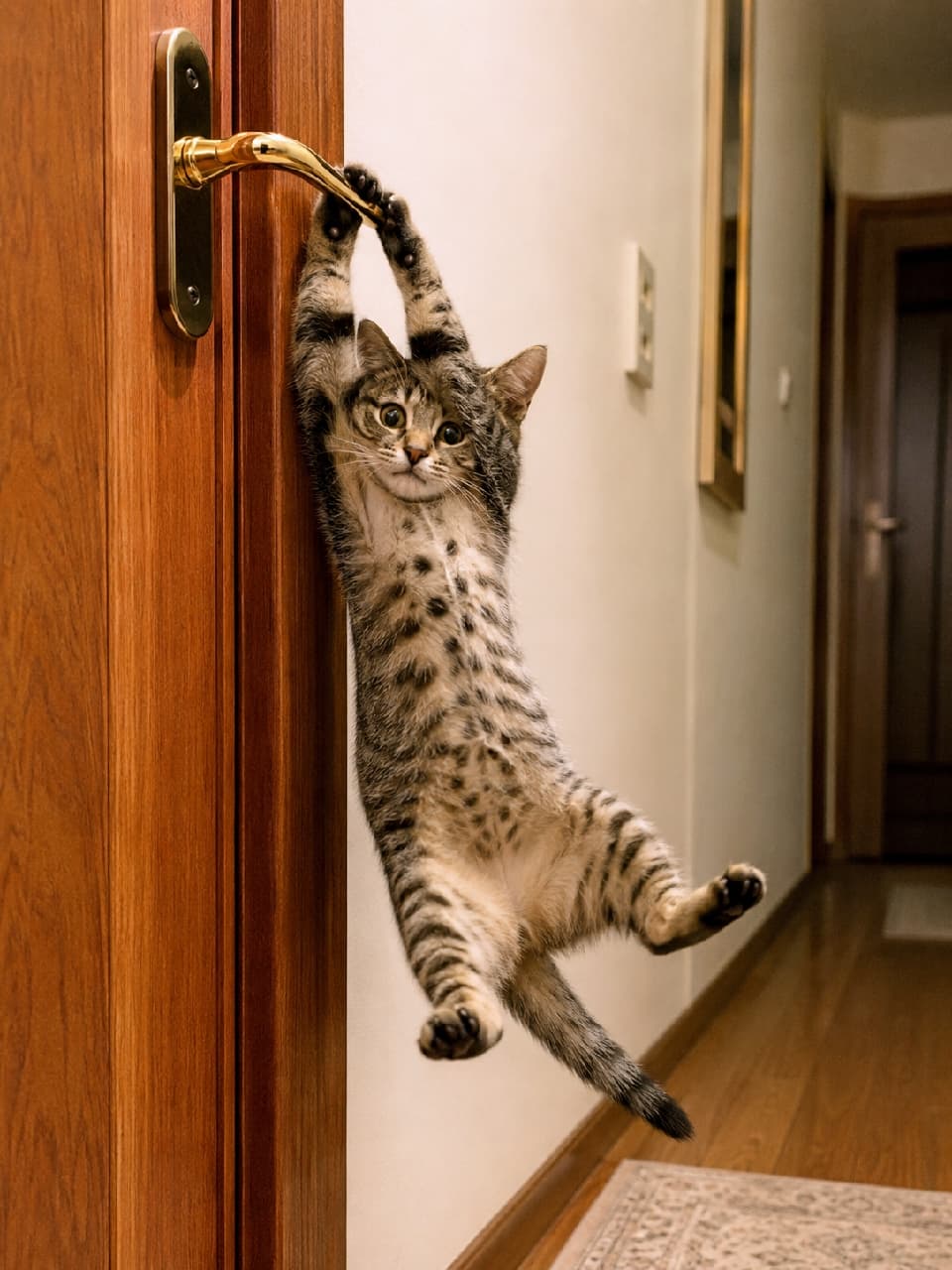 「開けてほしかっただけなのに…どうしてこうなったニャ!?😿🚪 ぶら下がりポーズが尊すぎる💕 #おっちょこちょい猫 #猫のハプニング」An ultra-realistic high-quality photograph of a playful tabby cat hanging vertically from a golden door handle with its front paws, showcasing its spotted belly and extended hind legs while looking at the camera with wide, innocent eyes in a hallway. 廊下の壁際で、輝くゴールドのドアノブに両前足を引っ掛けて垂直にぶら下がるキジトラ猫。お腹の可愛いスポッテッド模様(斑点)を無防備に見せながら、後足をピンと斜めに伸ばして「どうしよう」とでも言いたげにまん丸の目でカメラを見つめる、ユーモラスで愛らしい瞬間