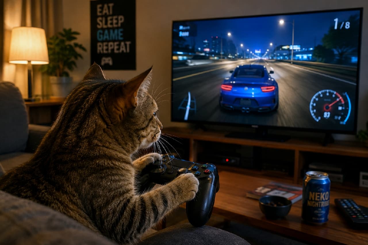 「今夜はオールで走り込むニャ!🏎️💨 ゲーマーねこちゃんの真剣すぎる横顔にキュン💕 #ゲーマー猫 #深夜のゲーム大会」An ultra-realistic high-quality photograph of a tabby cat sitting on a couch in a dimly lit room, intensely playing a racing video game on a large TV screen while holding a black controller. The blue light from the screen illuminates its focused face, complete with a "NEKO" branded can nearby. 薄暗いリビングのソファで、大きなテレビ画面に映るリアルな青いスポーツカーのレーシングゲームに夢中になりながら、黒いゲームコントローラーを両前足で器用に操作するキジトラ猫。画面の青い光が猫の真剣な横顔とピンと張ったヒゲを照らし、傍らには「NEKO」と書かれた缶飲料が置かれた完璧なゲーマーの夜の風景