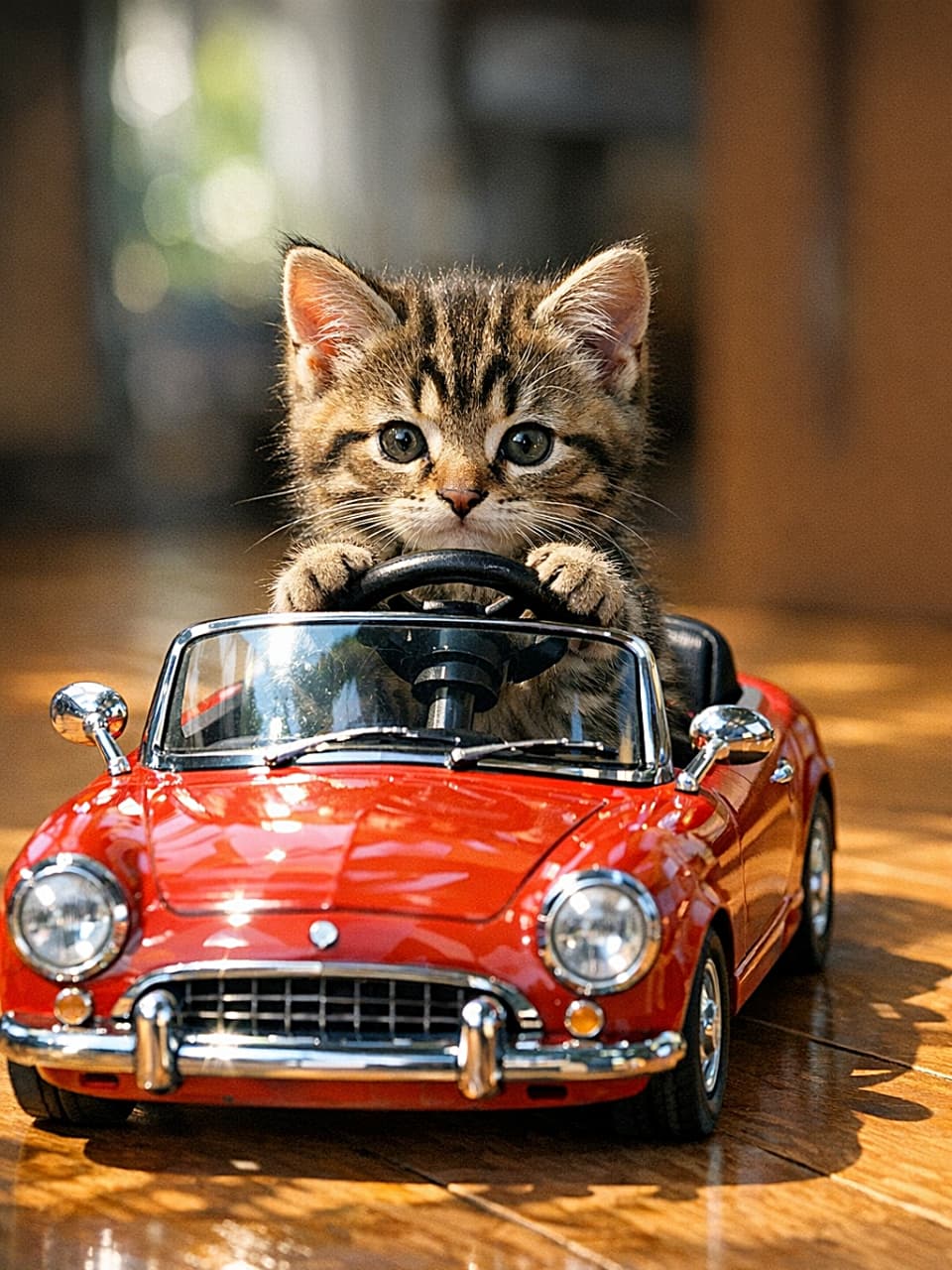 「キラキラの陽だまりで、ちびっこドライバー出発進行!」A photorealistic kitten sitting behind the steering wheel of a tiny toy car on a hardwood floor, with sunlight reflecting on the windshield and playful shadows around. 子猫が小さなトイカーのハンドルを握り、木製フロアの上で日差しがフロントガラスに反射し、遊び心のある影が広がるフォトリアルな情景