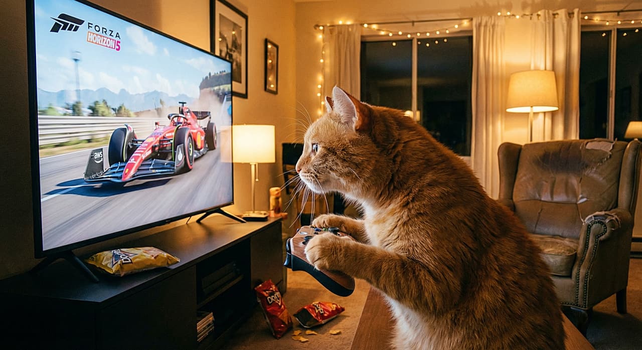 「ドリトスをお供に白熱のレース!🏎️💨 横顔から本気度が伝わってくる、凄腕ゲーマーな茶トラちゃん🎮」A photorealistic horizontal image of an orange tabby cat sitting in a warmly lit living room, holding a game controller with its paws. The cat is viewed from the side, intensely focused on a large flat-screen TV displaying a Formula 1 racing game. Open bags of Doritos and scattered chips are on the console and floor nearby. 温かみのある照明の居間で、前足でゲームコントローラーを持って座っている茶トラ猫の写実的な横長写真。横顔から捉えられた猫は、F1レースゲームが映し出された大型薄型テレビの画面に真剣な眼差しを向けている。猫の近くのテレビ台や床には、開けられたドリトスの袋やチップスが散らばっている