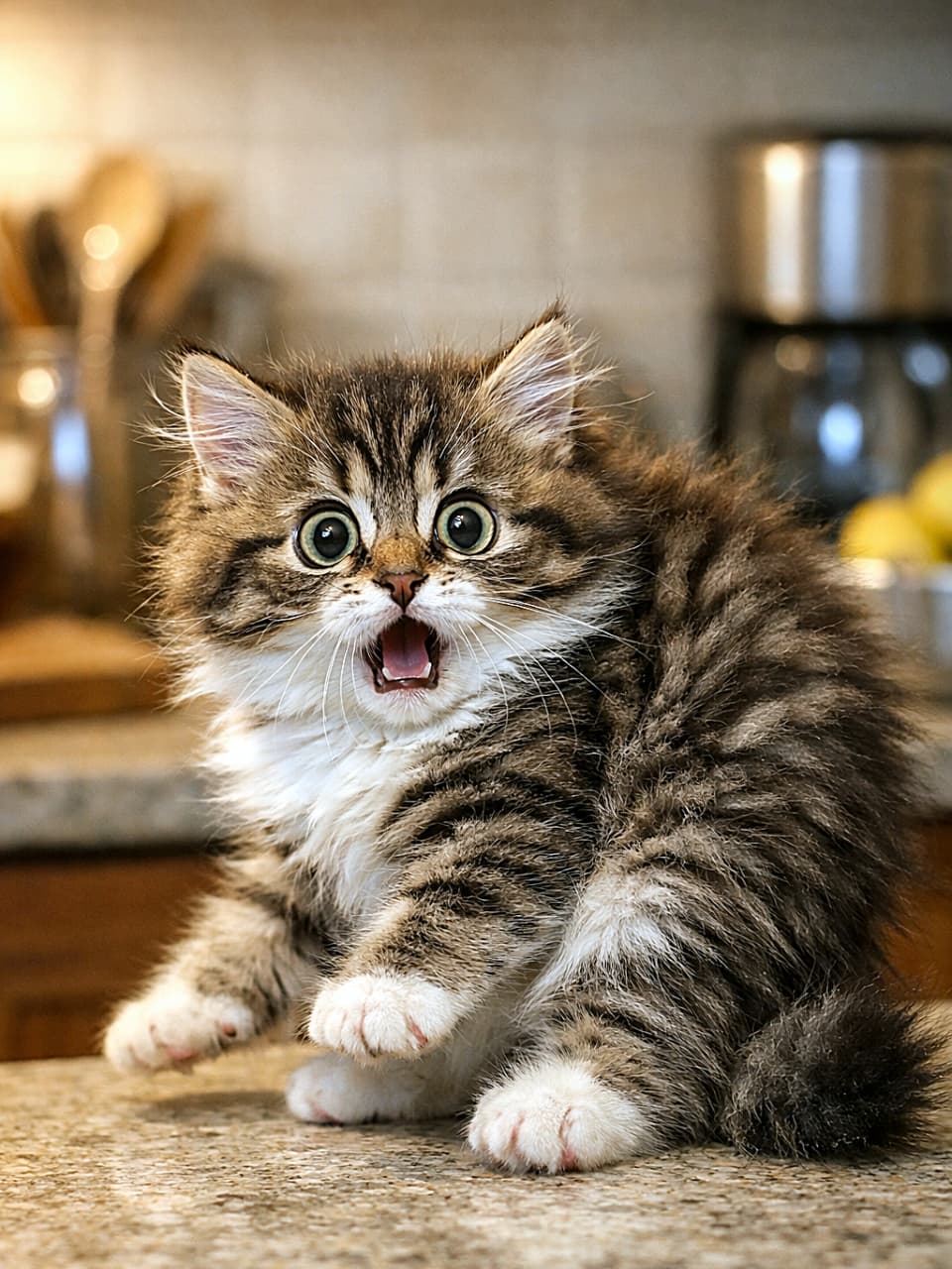 「「えっ今の音なに!?」シャッター音にびっくりして固まる子猫、表情がかわいすぎる瞬間📸🐾」A fluffy wide-eyed kitten recoiling in surprise after a sudden camera click, sitting on a softly lit kitchen counter, photorealistic. 突然のカメラのシャッター音に驚いて体を引く、目を見開いたふわふわの子猫。柔らかな光のキッチンカウンターの上のフォトリアルな写真