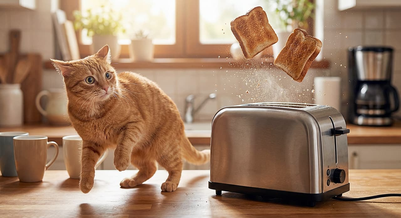 「「ビクッ!」突然のトーストに思わず前足が浮いちゃった🐈 驚きを隠せない茶トラちゃんの朝のワンシーン🍞」A photorealistic horizontal image of an orange tabby cat startled by two slices of toast suddenly popping out of a stainless steel toaster. The cat has wide eyes, and its front paws are lifted slightly off the wooden kitchen counter in a subtle reaction of surprise. Breadcrumbs are exploding in the air around the toast. The background shows a warmly lit kitchen with a coffee maker and mugs. ステンレス製のトースターから2枚の食パンが突然飛び出し、驚いている茶トラ猫の写実的な横長写真。猫は目を丸くし、驚きのあまり木製のキッチンカウンターから両前足をわずかに浮かかせている。トーストの周りにはパンくずが宙に弾け飛んでいる。背景にはコーヒーメーカーやマグカップが置かれた、温かみのあるキッチンが写っている